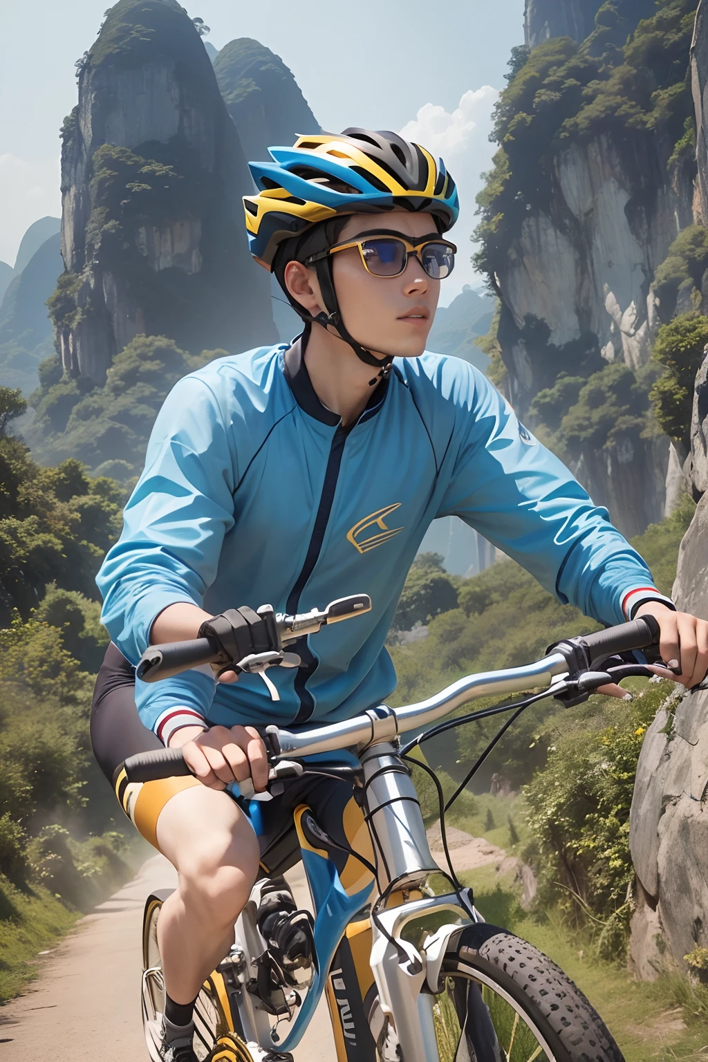 A 25-year-old boy,Wear gold-rimmed glasses,  Cycle between Guilin's landscapes, blue-sky.