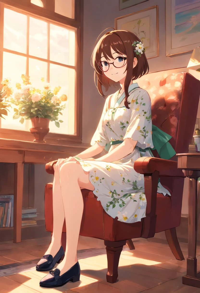 Hair color is brown、wears glasses、long and grated、Gentle、I'm smiling softly、eye color is brown、White floral dress、Black shoes、in a house、Sitting on a chair