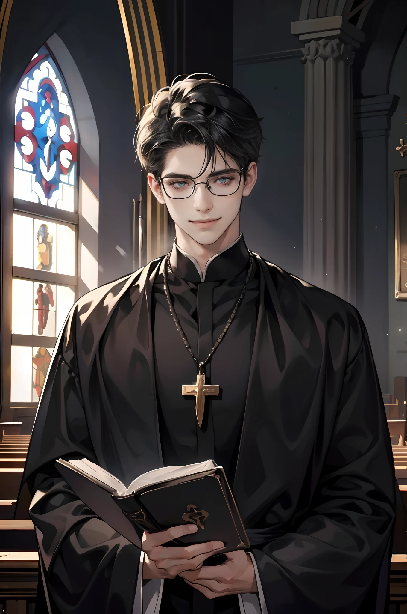 1 boy, Young male, eye looking to camera, Perfect male body, (priest,Black clothes, Glasses, Bible in hands,Cross necklace,Evil smile),chies,dramatic shadow, Ray tracing,Portrait,(tmasterpiece, high resolution, ultra - detailed:1.0)
