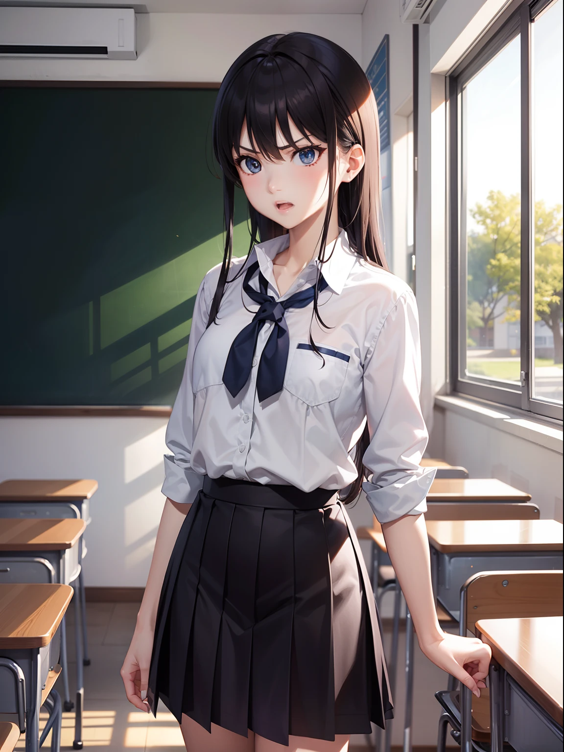 in 8K、top-quality、masterpiece、ultra-detailliert、Ultra-high resolution、Anime style、1 girl、Classroom、angry