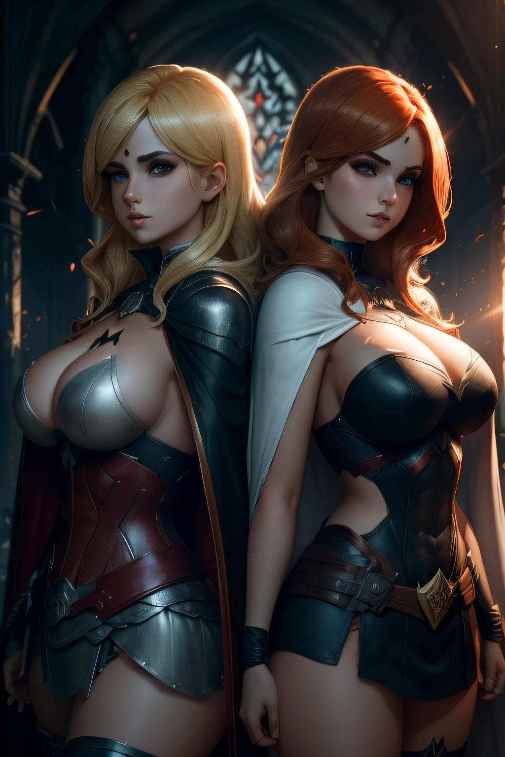 2girls, Superheroes, Blonde large breasts, Redhead large breasts, Dark eye shadow, Cape, Gothic, White outfit, Large sword on one's back.incredibly beautiful, Light shining off their bodies, unreal engine 5,