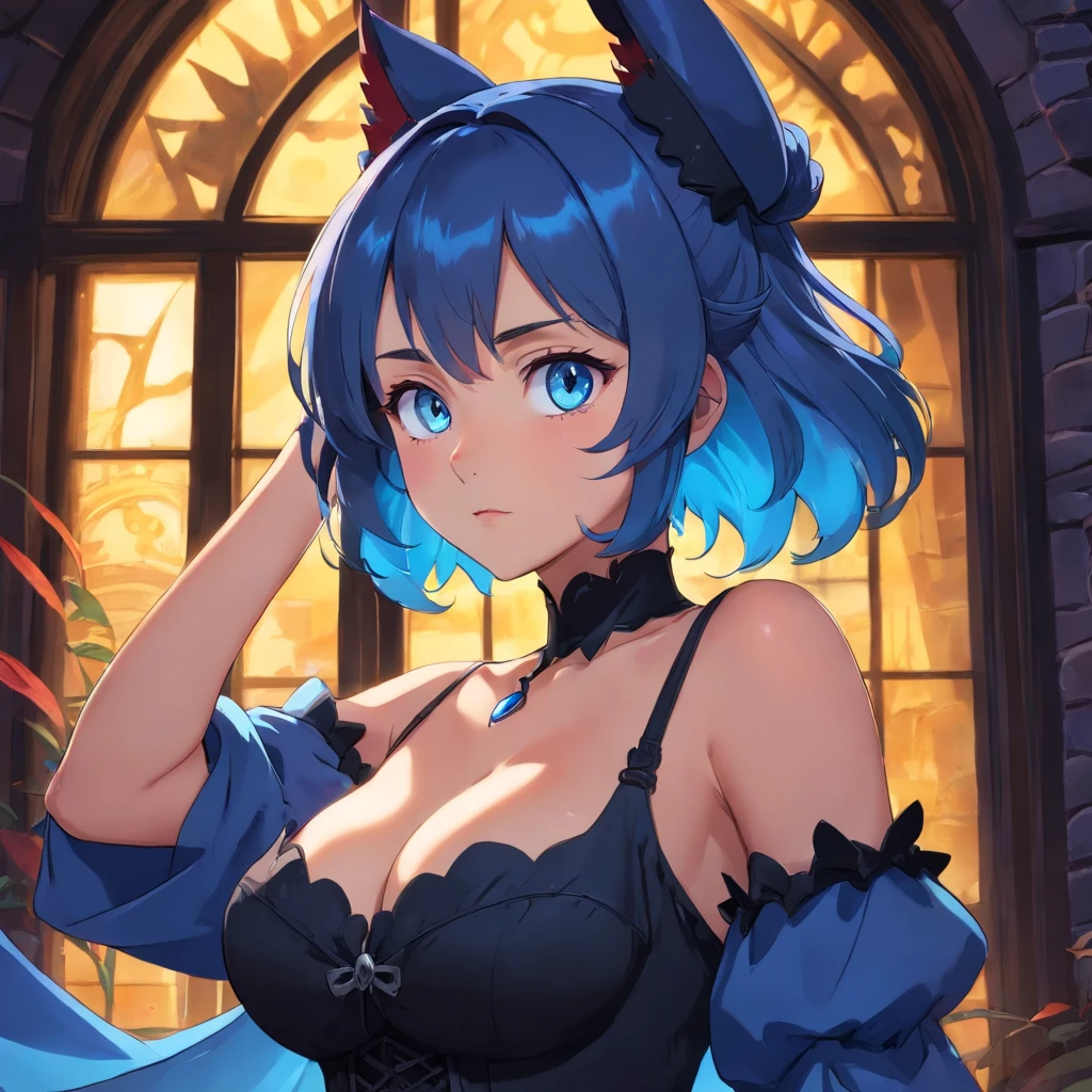 8k, 22 year old girl, black girl, vampire ears, gorgeous wavy hair, blue hair, blue eyes, HDR, detailed face, medium body, gothic-like black dress, large breasts, (boob window), Masterpiece, (lighting), (1solo), moonlit night background, realistic background