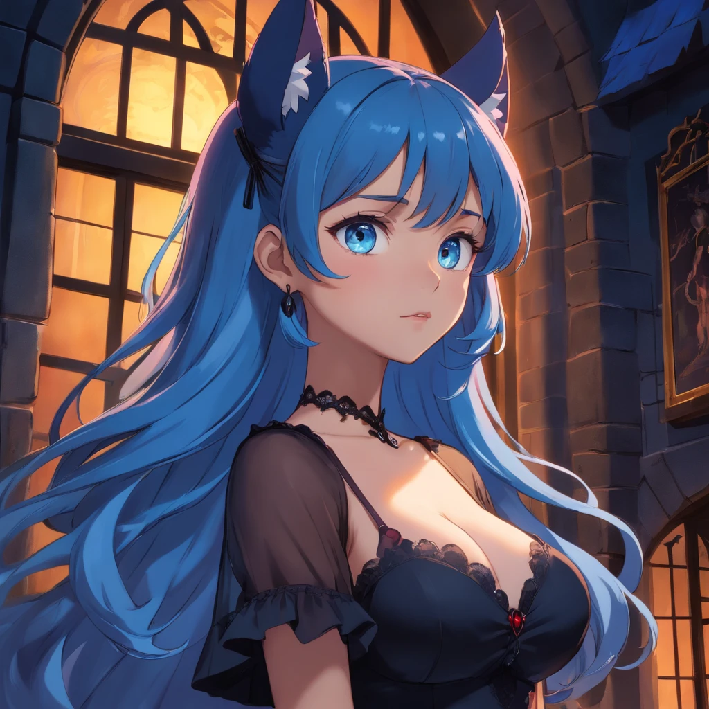 8k, 22 year old girl, black girl, vampire ears, gorgeous wavy hair, blue hair, blue eyes, HDR, detailed face, medium body, gothic-like black dress, large breasts, (boob window), Masterpiece, (lighting), (1solo), moonlit night background, realistic background
