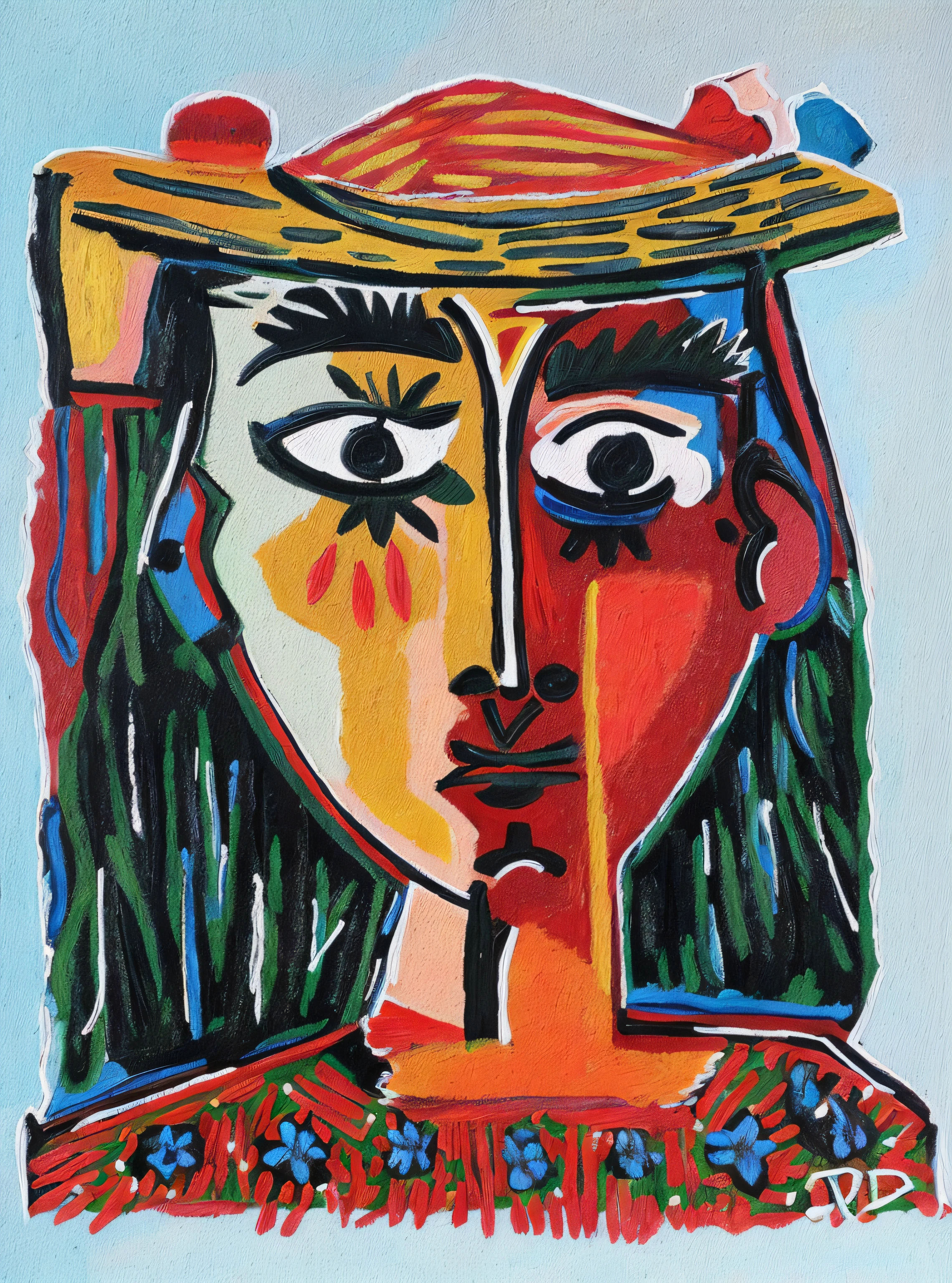 painting of a woman with a straw hat and a flowered dress, kiki picasso style, style of picasso, inspired by Pablo Picasso, picasso style, woman with hat, pablo picasso painting, inspired by Picasso, by Picasso, cubist picasso, picasso masterpiece, by Pablo Picasso, priestess in a conical hat, stylized portrait h 704, painted on a canvas cloth with fine brush movements up and down