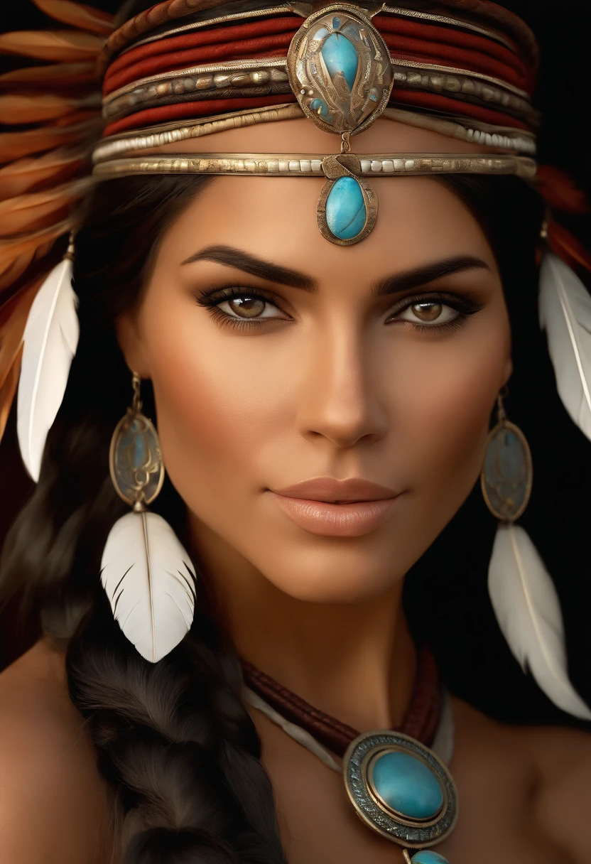 Portrait of Marie Avgeroupolus as Pocahontas, young beautiful native american woman, Perfect symmetrical face, Indigenous feather jewelry, traditional handmade dress, armed female hunter warrior, (((wild west))) environment, Utah landscape, Ultra photo realsisim, concept-art, elegant, ((Intricate)), ((Highly detailed)), Depth of field, ((professional color graded)), gentle ambient lighting, Dusk, 8K, art by artgerm and greg rutkowski and alphonse mucha