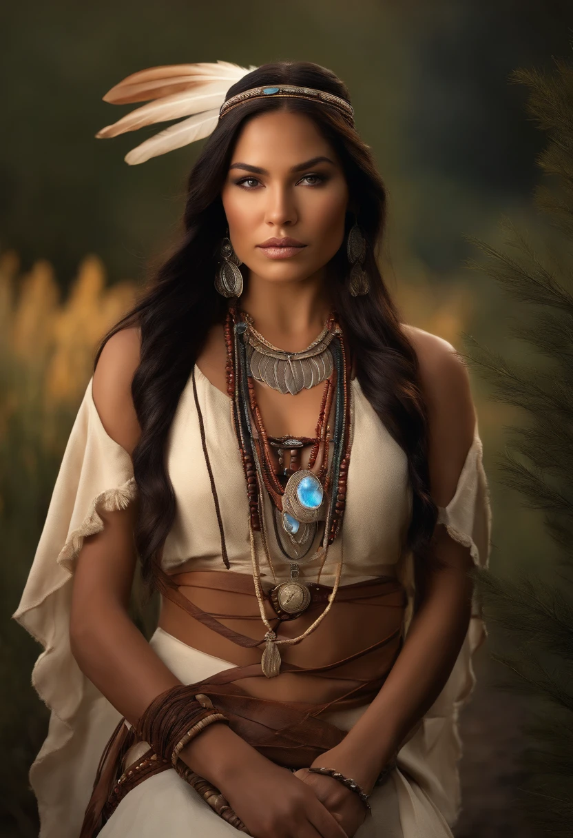 Portrait of Marie Avgeroupolus as Pocahontas, young beautiful native american woman, Perfect symmetrical face, Indigenous feather jewelry, traditional handmade dress, armed female hunter warrior, (((wild west))) environment, Utah landscape, Ultra photo realsisim, concept-art, elegant, ((Intricate)), ((Highly detailed)), Depth of field, ((professional color graded)), gentle ambient lighting, Dusk, 8K, art by artgerm and greg rutkowski and alphonse mucha