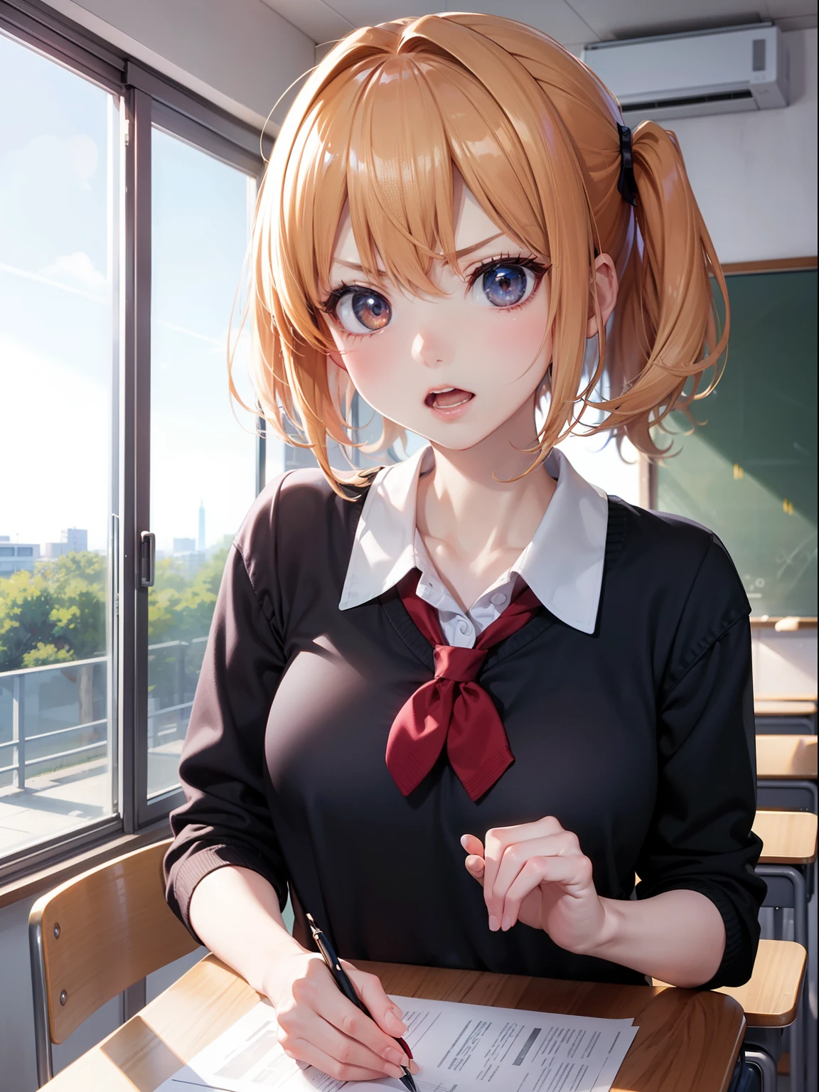 in 8K、top-quality、masterpiece、ultra-detailliert、Ultra-high resolution、Anime style、1 girl、Classroom、angry