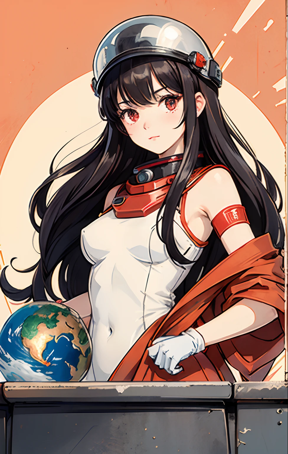 1girl, flat_breasts, cutes, beautiful detail eyes, Lustrous Hair, visible through the hair, Hair between the eyes, CCCP Poster, Soviet poster, red monochrome, Soviet poster, sovjet, communism,
Black_hairsh, red eyes, spacesuit: orange_clothing_body:jumpsuit), white_gloves, white_shelmet, red letters CCCP on the top of the helmet, Zero gravity, Side light, reflection, The man in the spacesuit is in the lower left corner of the frame, The right arm is outstretched, the right hand gently touches the Salsa space station "Yuyut"), Space station in the upper right corner of the screen, Reflected light from the sun, Silver metal, Red Flag, glistering, style of the USSR, diffuse reflection, Metallic texture, view of the blue Earth, Mecha style-style, Sea of Stars, High Tone, a gorgeous