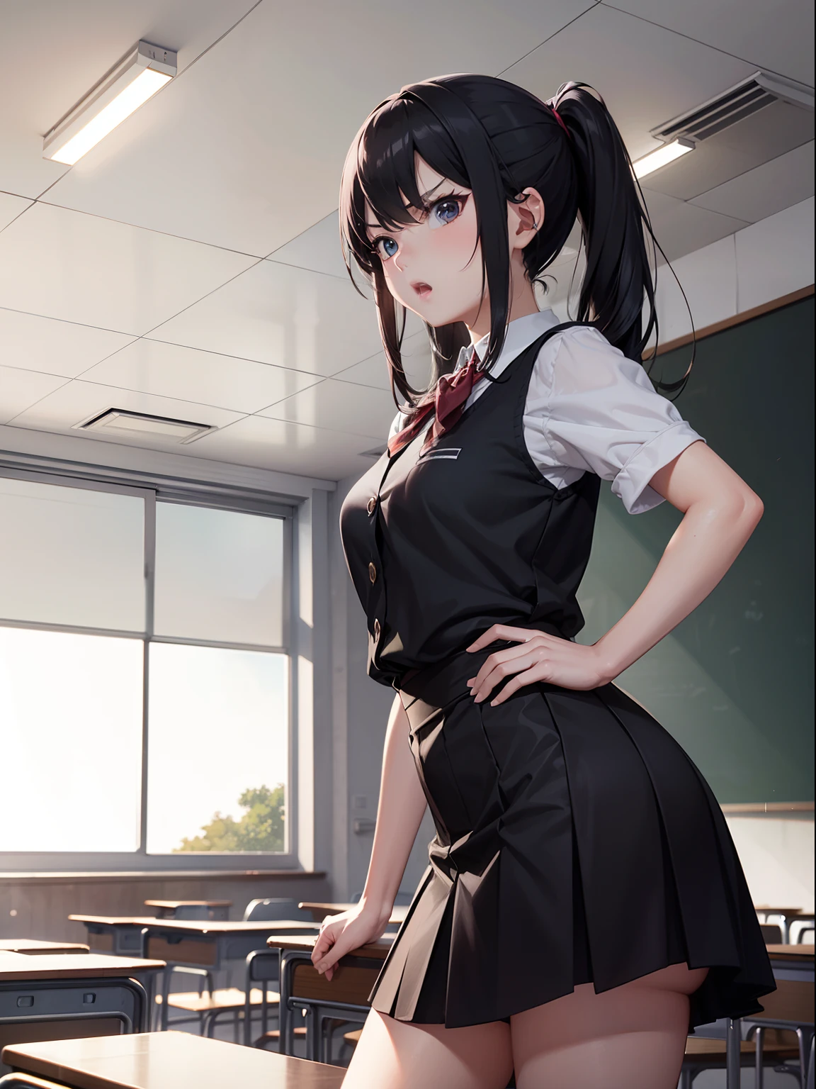 in 8K、top-quality、​masterpiece、ultra-detailliert、Ultra-high resolution、Anime style、1 schoolgirl、‎Classroom、angry