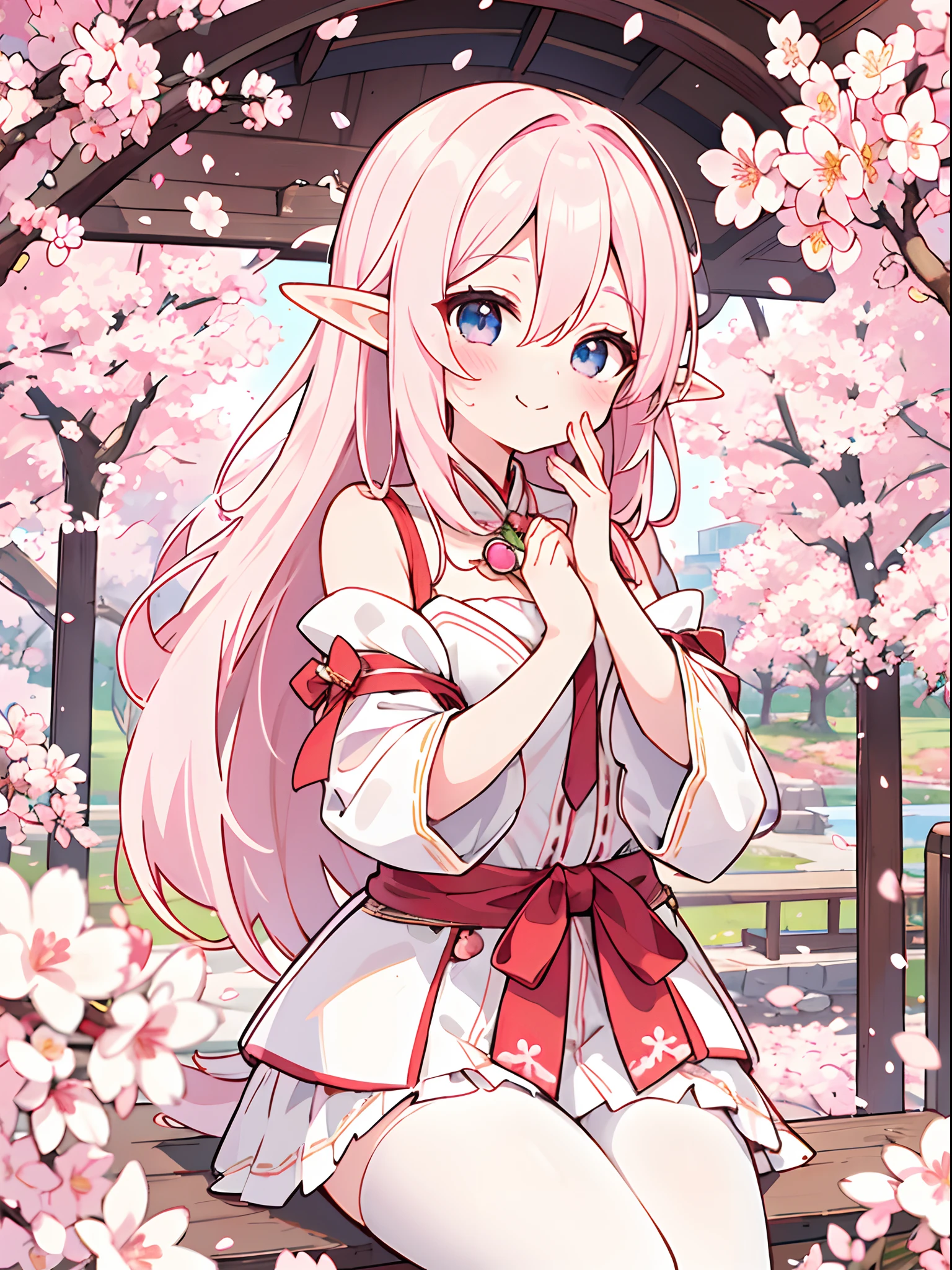 A very beautiful elf, with an expression of satisfaction, hearts in her eyes, her hands are placed on her face, she is looking at the camera, cherry blossoms are in the foreground, in the background there are cherry blossom petals. cherries flying in the air, romance, love, celluloid shading color style, 2D