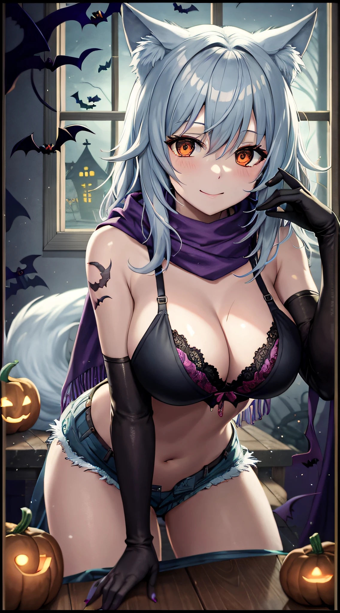top-quality、Top image quality、masterpiece、teens girl((18year old,Black leather bra、Tattered tank top in black and blue,Tattered orange and black shorts、orange scarf,Best Bust、Bust 85、Silver hair、Longhaire,Red Eyes、open chest wide、Valley、Happiness、A slender、Blood coating、Leaning forward、Emphasis on the chest、Wolf tattoo、wolf ear、Wolf tail、excited expressions、Wolf gloves、nails are growing、Hits Viewers))hiquality、Beautiful Art、Background with((natta、window、dark sky、Halloween at night、the bats、pumpkins,Nightmare、Halloween、forest pathway))、masutepiece、Elaborate design、visualart、Theater Screen、