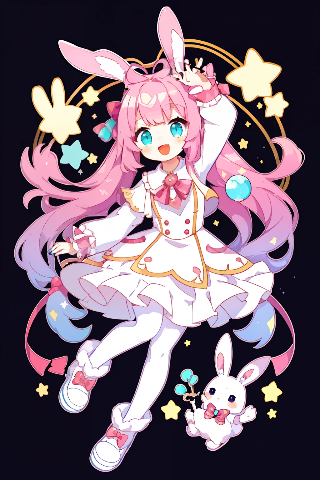 1girl in, Animal ears, Pink hair, Long hair, Rabbit, Open mouth, Smile, Rabbit ears, Bow, Solo, White background, Dress, pantyhose, walls, Blue eyes, Looking at Viewer, D, Full body, Simple background, nail polish, Arm up, Hair Bow, Long sleeves, Puffy sleeves, Aqua Footwear, shoes, blue footwear, Jumping, animal, blush, argyle, Star (symbol), holding wand, Very long hair, bow ribbon,