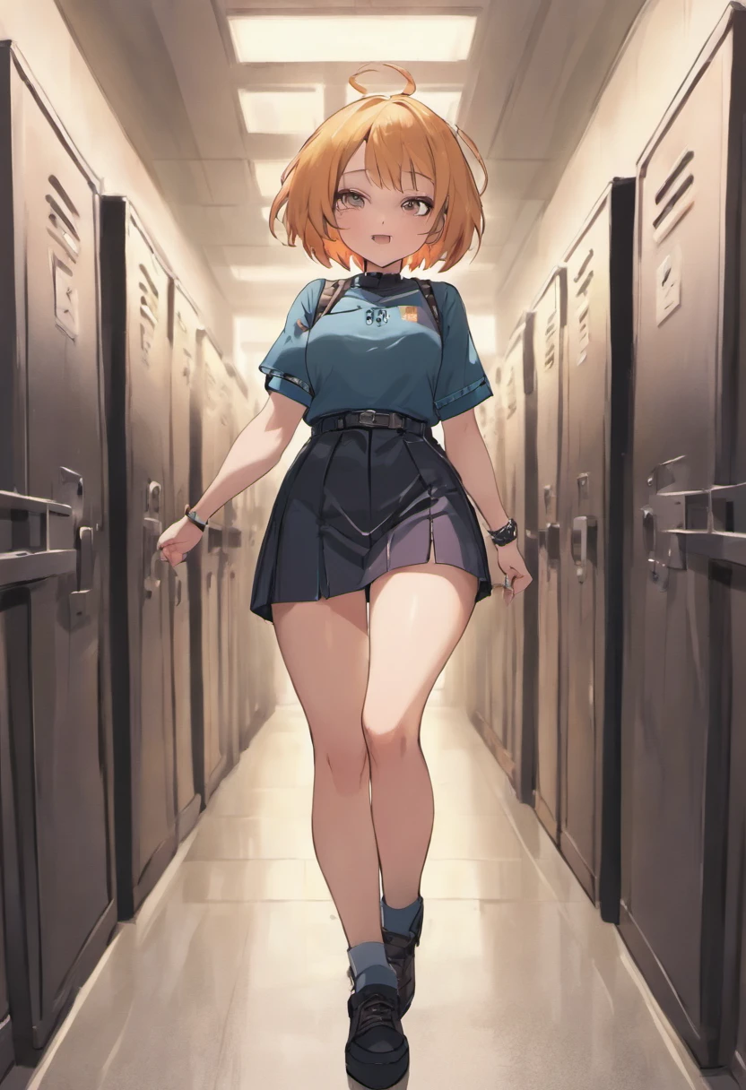 ((masutepiece, Best Quality, hight resolution)), (((1girl in))), Absolutely beautiful, Gorgeous, ((((Curie body)))), Expressive cute face, Expressive smile, Highly detailed body and facial features, Amazingly detailed eyes!!, Joyful!!!, Punk Goth High School Girl, petite body, large hips, Round big hips with hip dip, Emphasis on the lower body!!, Small thigh gap, accentuated hips!!, Hips are visible through the dress, thick plump juicy thighs, Small tight waist, pear-shaped body, Black French Bob with Bangs, tight pantyhose, Looking at Viewer, Punk Zipper Chain Pocket T-Shirt Dress Chest Waist Strap Adjustable Buckle Belt Smile, Looking at Viewer, Leaning against the locker, School hallway background with students and lockers, Students (men and women) Because they are out of persecution、Not detailed