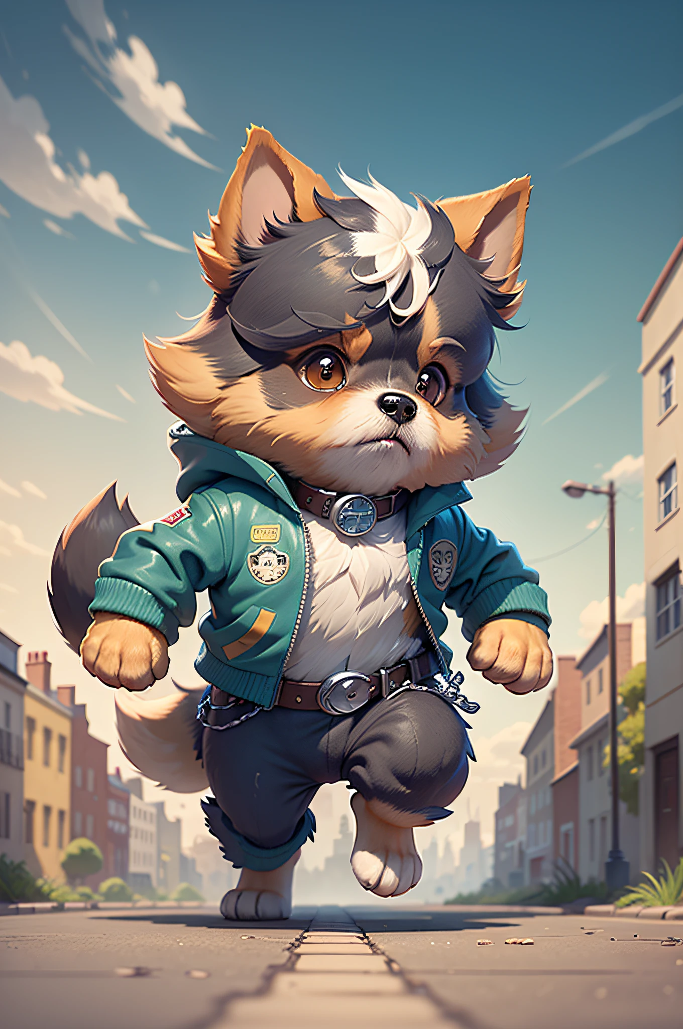 C4tt4stic,007 Cartoon Yorkshire Terrier Dog Running Through the City With James Bond Gun(Detailed Yorkshire Terrier look)