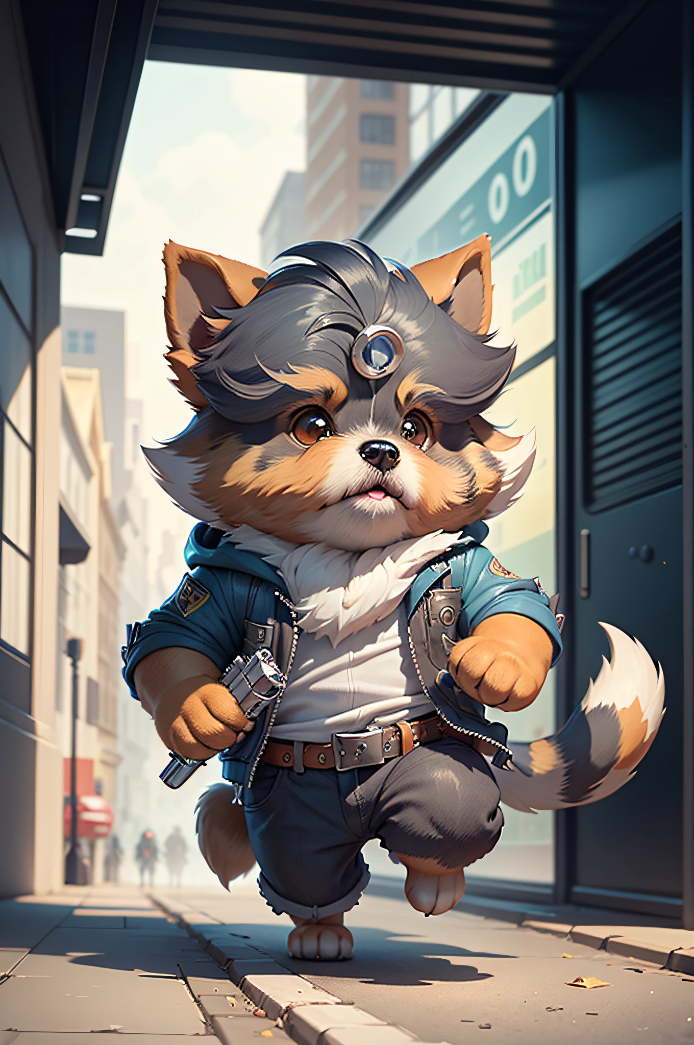 C4tt4stic,007 Cartoon Yorkshire Terrier Dog Running Through the City With James Bond Gun(Detailed Yorkshire Terrier look)
