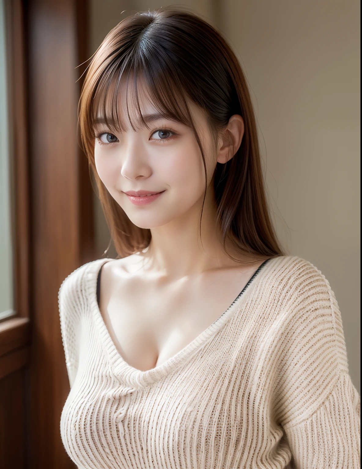 highest quality. Tabletop, 8k, Best image quality, One Woman, Perfect V-neck long knit red sweater, Waist to upper body shot, (look forward to), Red eyeshadow, Perfect Makeup, Long eyelashes, Ultra HD Shining Eyes, Ultra HD Hair, Ultra High Resolution Glossy Lips, Ultra HD cute face, Brown Hair, Very short straight hair, Look at me and smile, clavicle, Accurate anatomy, Face close-up, Luxury Love Hotel, The most atmospheric and warm lighting, Blurred Background, (View your audience)
