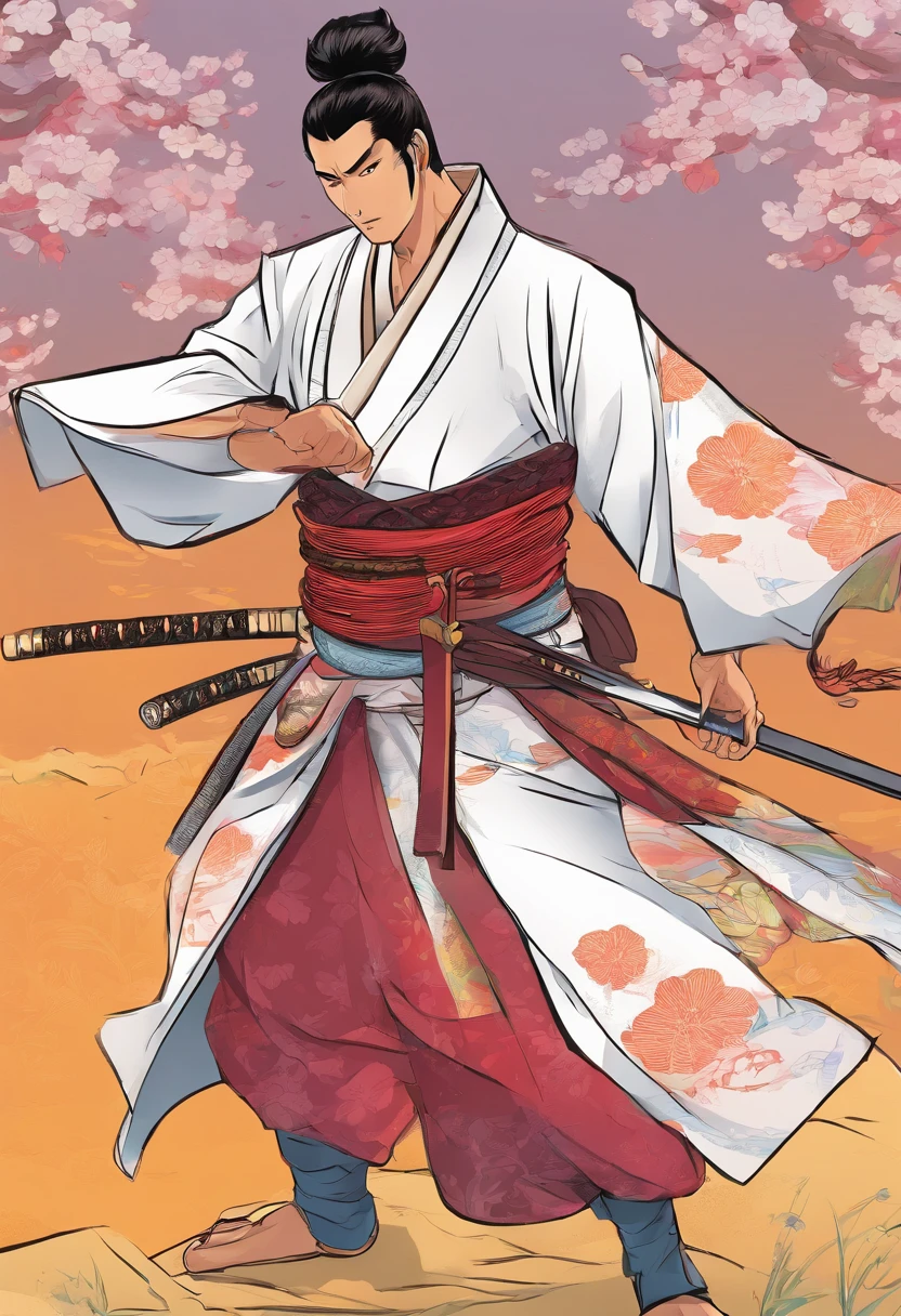 Draw a Japan samurai wearing a haori in anime style with a whole body。Put it up to the toes of both feet.。Make sure your left hand rests on your left hip.。