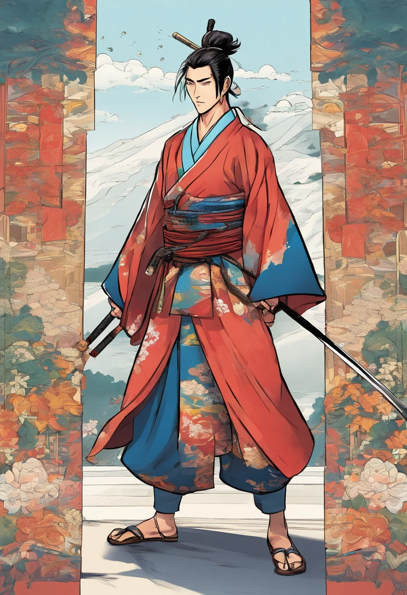 Draw a Japan samurai wearing a haori in anime style with a whole body。Put it up to the toes of both feet.。Make sure your left hand rests on your left hip.。