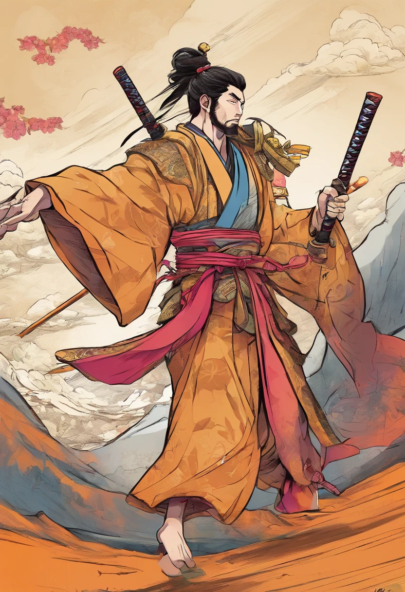 Draw a Japan samurai wearing a haori in anime style with a whole body。Put it up to the toes of both feet.。Make sure your left hand rests on your left hip.。
