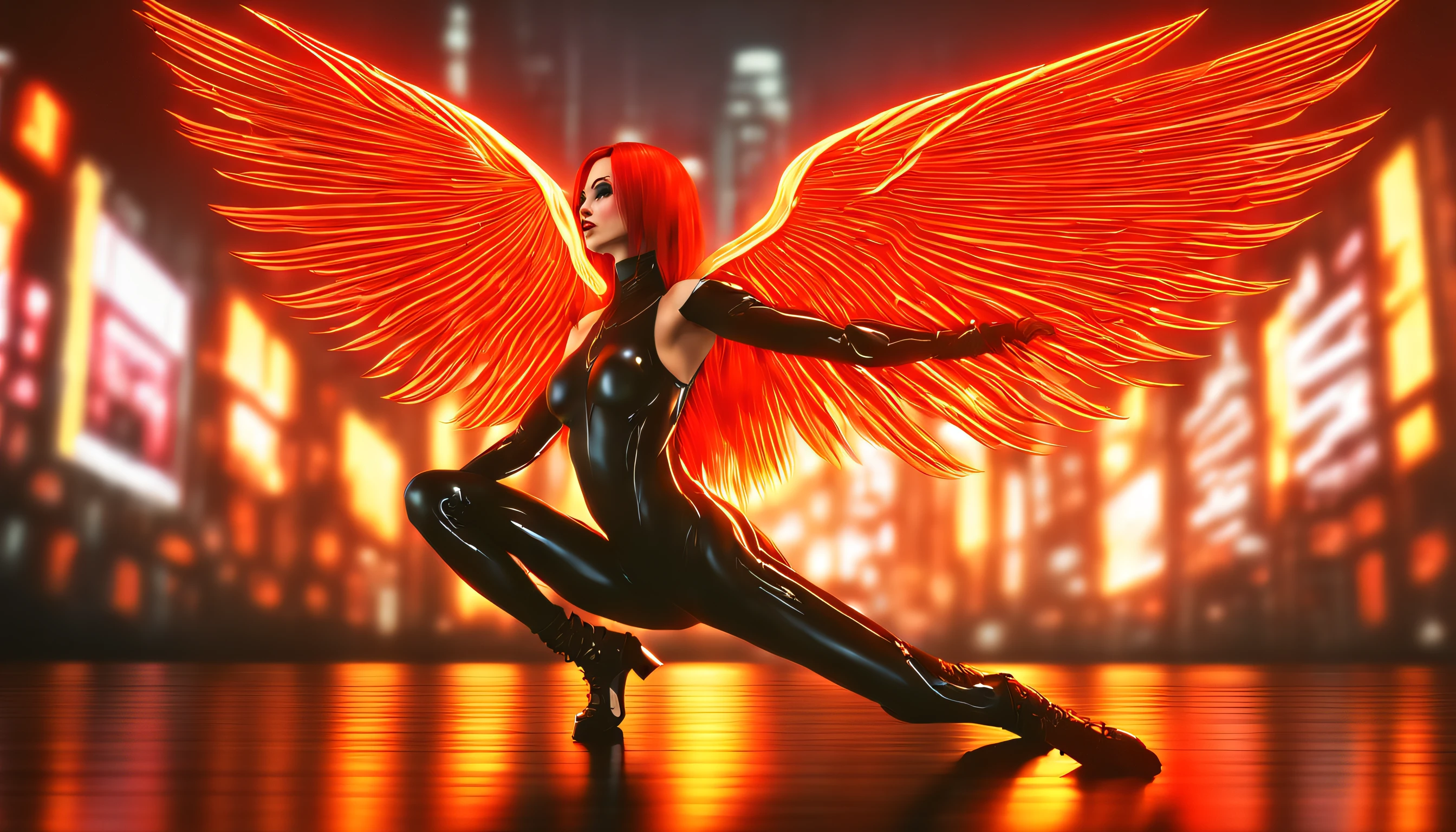 Ultra-detailed shot of an attractive and provocative evil fallen woman in black and red tattooed sexy with cybernetic wings, Sosteniendo un arma, ((cuerpo completo:1.2)) Parece loca, Pelo largo y pelirrojo en movimiento, Action Take Pose, Cybernetic prostheses available, Una cicatriz profunda, Pose atractiva y provocativa, (((peinado bob medio afeitado))) Ultra-futuristic city with neon lights, colores muy brillantes, fotografiado por MSchiffer, renderizado 3D Realista, (high saturation:1.3) colores contrastantes, noche lluviosa
