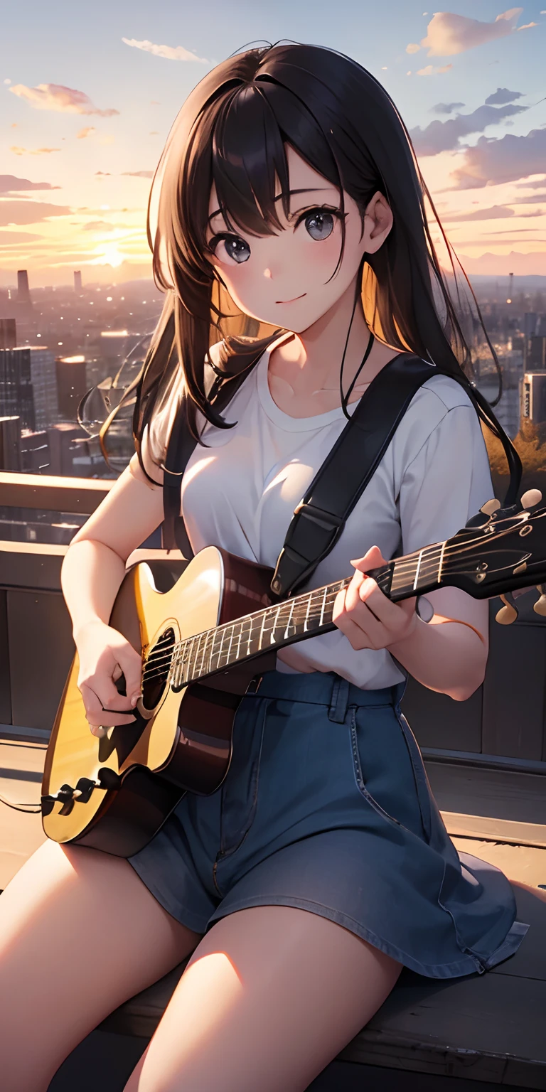 realisticlying、Face Real、1 year old girl playing guitar、Overlooking the city from the top of the hill、Emphasis on chest and thighs、Versatile sexy poses、The sunset is beautiful、Season Autumn
