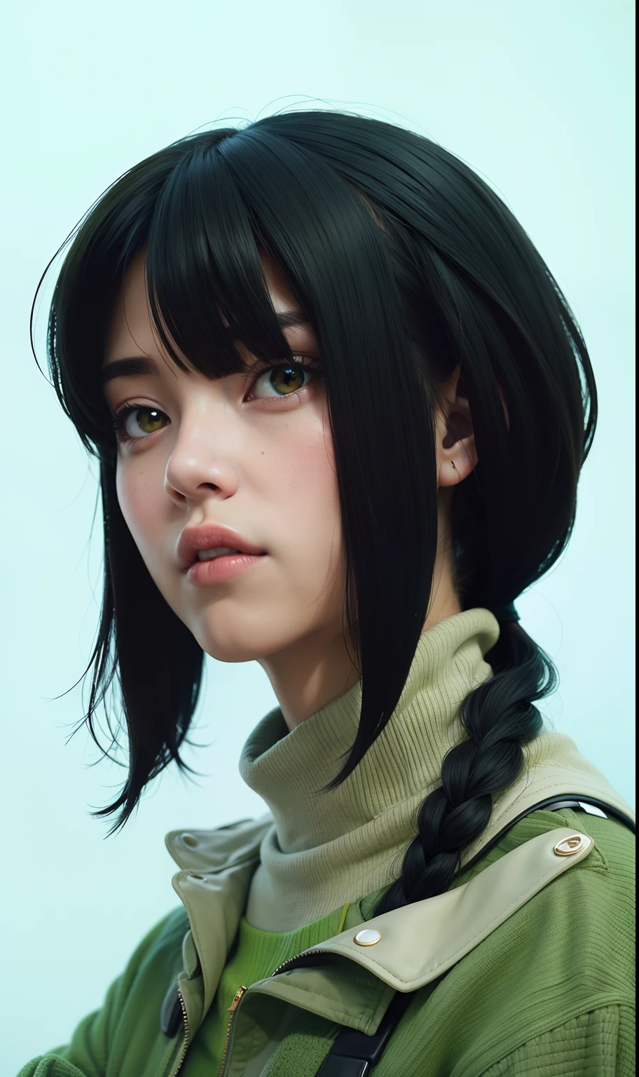 cute anime girl with a turtle neck and green jacket, black hair, sad, braided back hair, realistic hair, yellow eyes