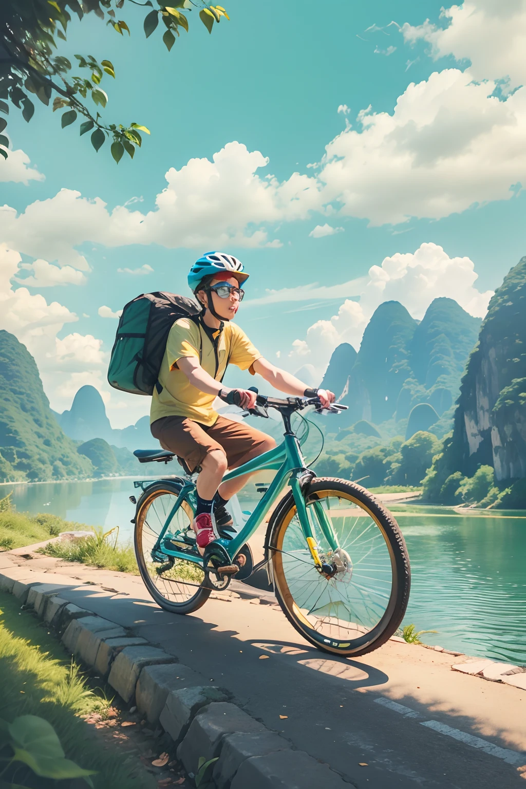 A 25-year-old boy,Wear gold-rimmed glasses,  Cycle between Guilin's landscapes, blue-sky.