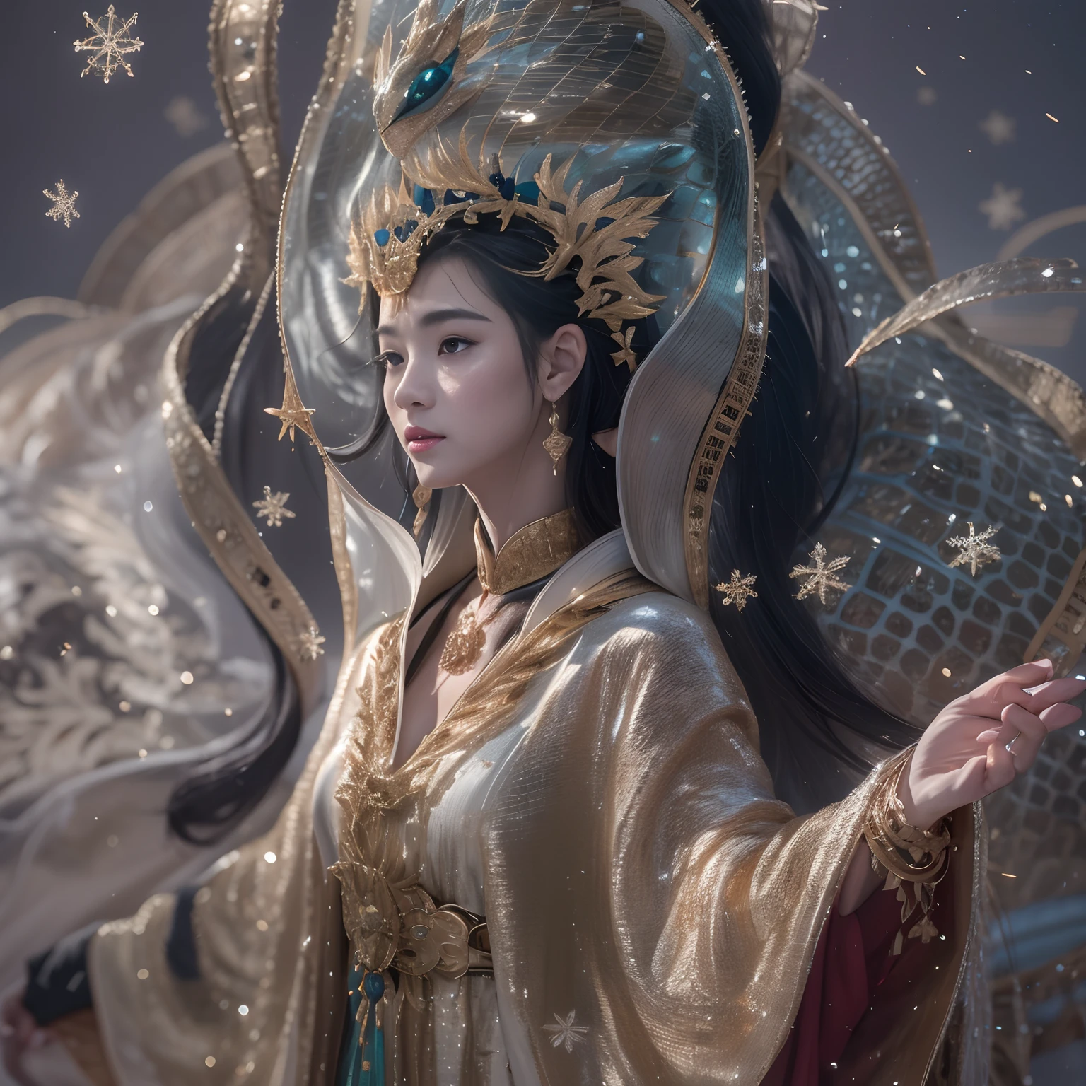 16k(tmasterpiece,k hd,hyper HD,16k)short detailed hair,Gold jewelry area in the back room,Flame Girl ,Crocodile protector (realisticlying:1.4),Python pattern robe,Purple-pink tiara,Snowflakes fluttering,The background is pure,Hold your head high,Be proud,The nostrils look at people, A high resolution, the detail, RAW photogr, Sharp Re, Nikon D850 Film Stock Photo by Jefferies Lee 4 Kodak Portra 400 Camera F1.6 shots, Rich colors, ultra-realistic vivid textures, Dramatic lighting, Unreal Engine Art Station Trend, cinestir 800,Hold your head high,Be proud,The nostrils look at people, inspired by The wind rises and flies, upper body