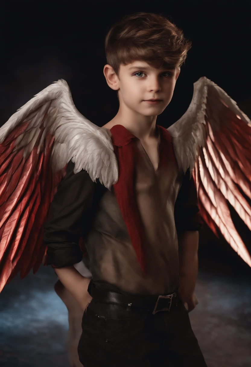 a boy original face realistic background with devil wings angle sine in head