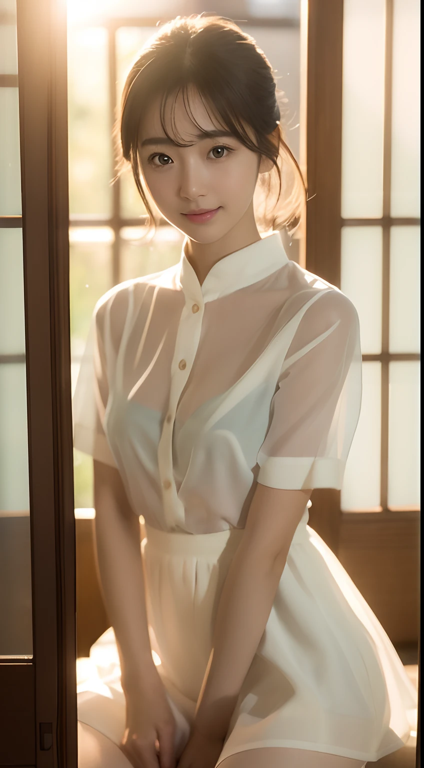 (Photorealsitic:1.4), (Top image quality:1.0), (超A high resolution:1.0), 8K, Raw photography, (​masterpiece:0.2), (pureerosface_v1:0.5)、(Best Quality Detail:1.2)、realisitic、8K UHD、hight resolution、(1girl in:1.2)、The ultra-detailliert、High quality textures、intricate detailes、detaileds、Very detailed CG、High quality shadows、Detail Beautiful delicate face、Detail Beautiful delicate eyes、depth of fields、Ray traching,1girl in, japanaese girl, Cute, slender, white  shirt、a miniskirt、beautiful model、Magic Hour、by the window、Natural smile