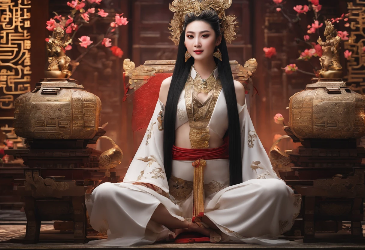 Fengshen Bang，tmasterpiece，ultra fine photos，，best qualtiy，超A high resolution，Photoreality，Chiaroscuro，（portrait of a full body），stunningly beautiful，dynamicposes，delicated face，Bigchest，Murderous eyes，（Seen from the side），She wears ancient Chinese armor in gold，highly detailed back ground，A detailed face，Detailed and complex busy background，slovenly，opulent，milkyW，highly detailedskin，Realistic details of skin，Visible Pore，tack sharp focus，Volume Fog，8K UHD，dslr camera，high quarity，film grains，White skin of the，photorealisim，Lomography，Palace of King Yin Shangwang in ancient China , look from down, semi transparent, huge-breasted, Showing cleavage, Full Body Shot Camera Angle, Lotus tattoo on the forehead, Sexy body: 1.4, Slim abdomen: 1.2, sit a chair, Huge deep cleavage, Open Shirt,