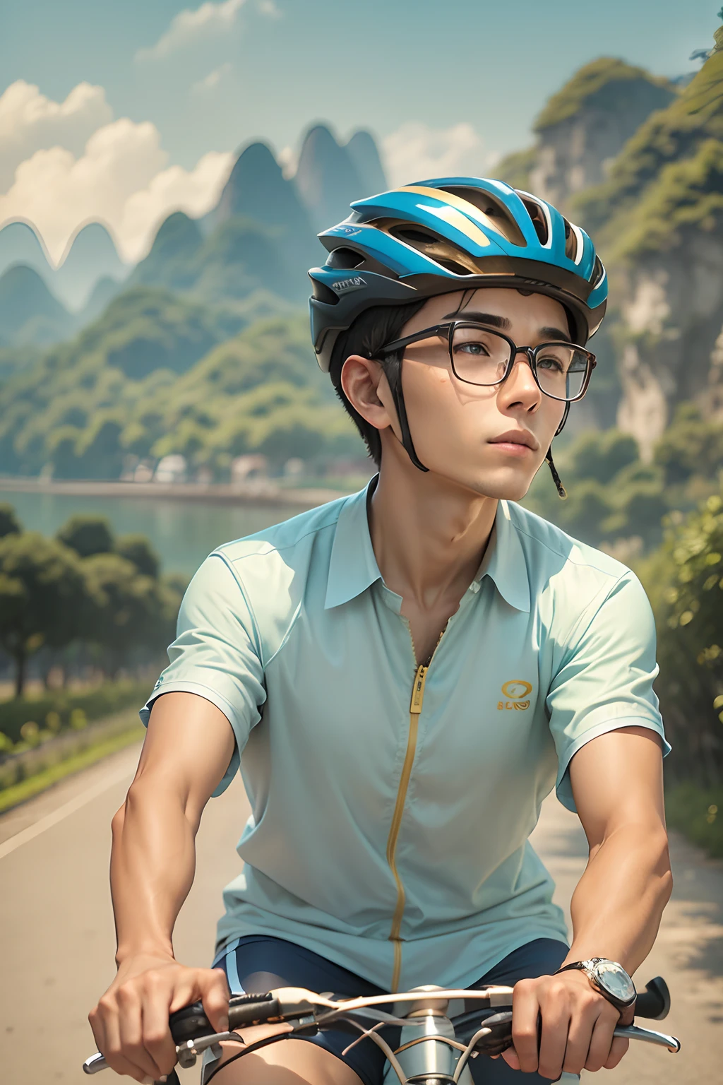 A 25-year-old boy,Wear gold-rimmed glasses, Cycle between Guilin's landscapes, blue-sky.