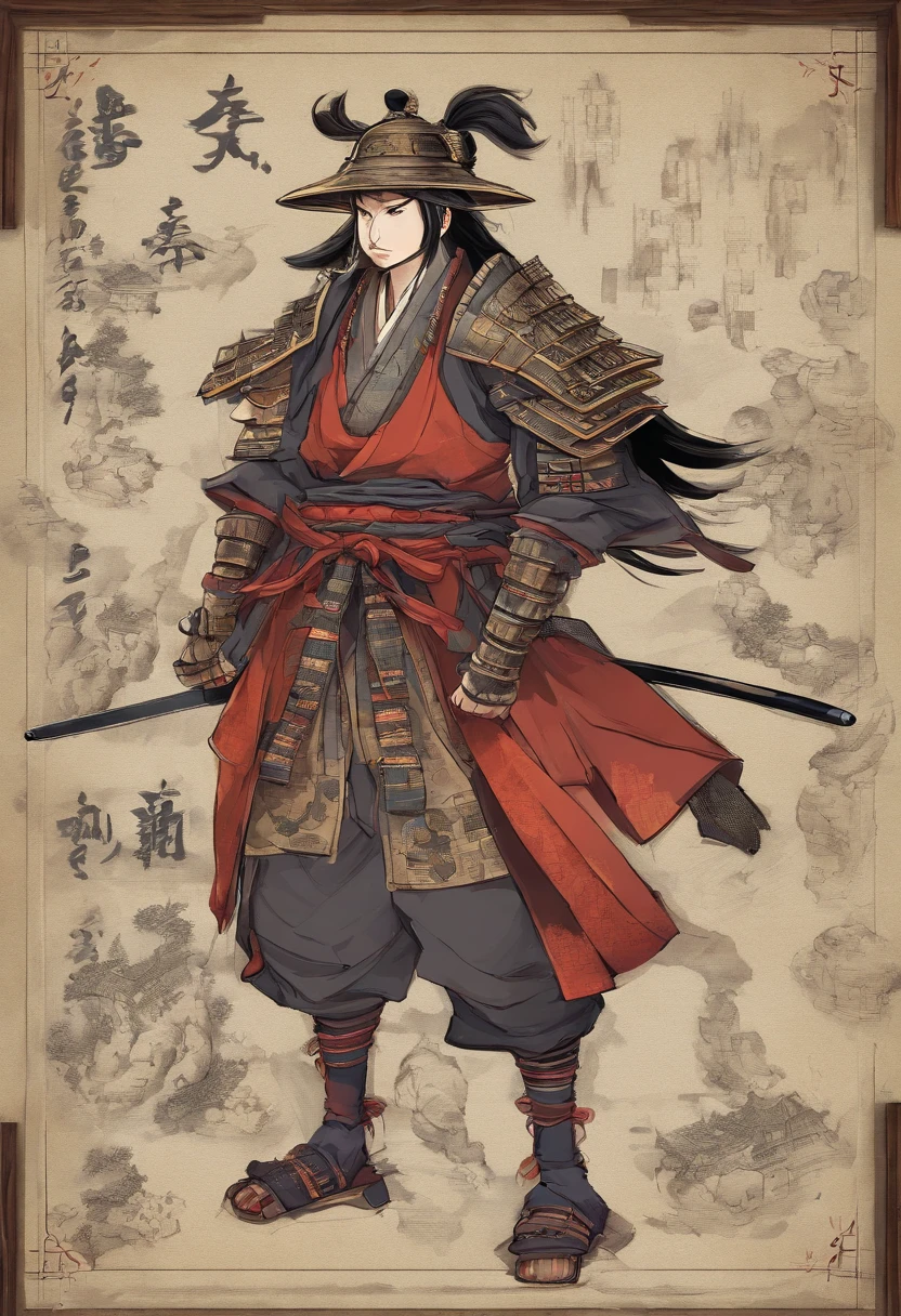 Draw a Japan samurai wearing a haori in anime style with a whole body。Put it up to the toes of both feet.。Make sure your left hand rests on your left hip.。
