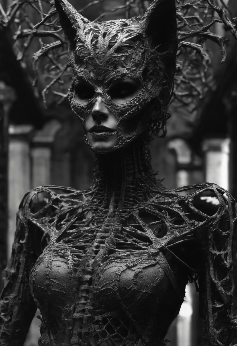 statue of Catwoman angel made of twisted bones and skeletons, full body, hyper realistic, intricate, central, symmetrical --v 4