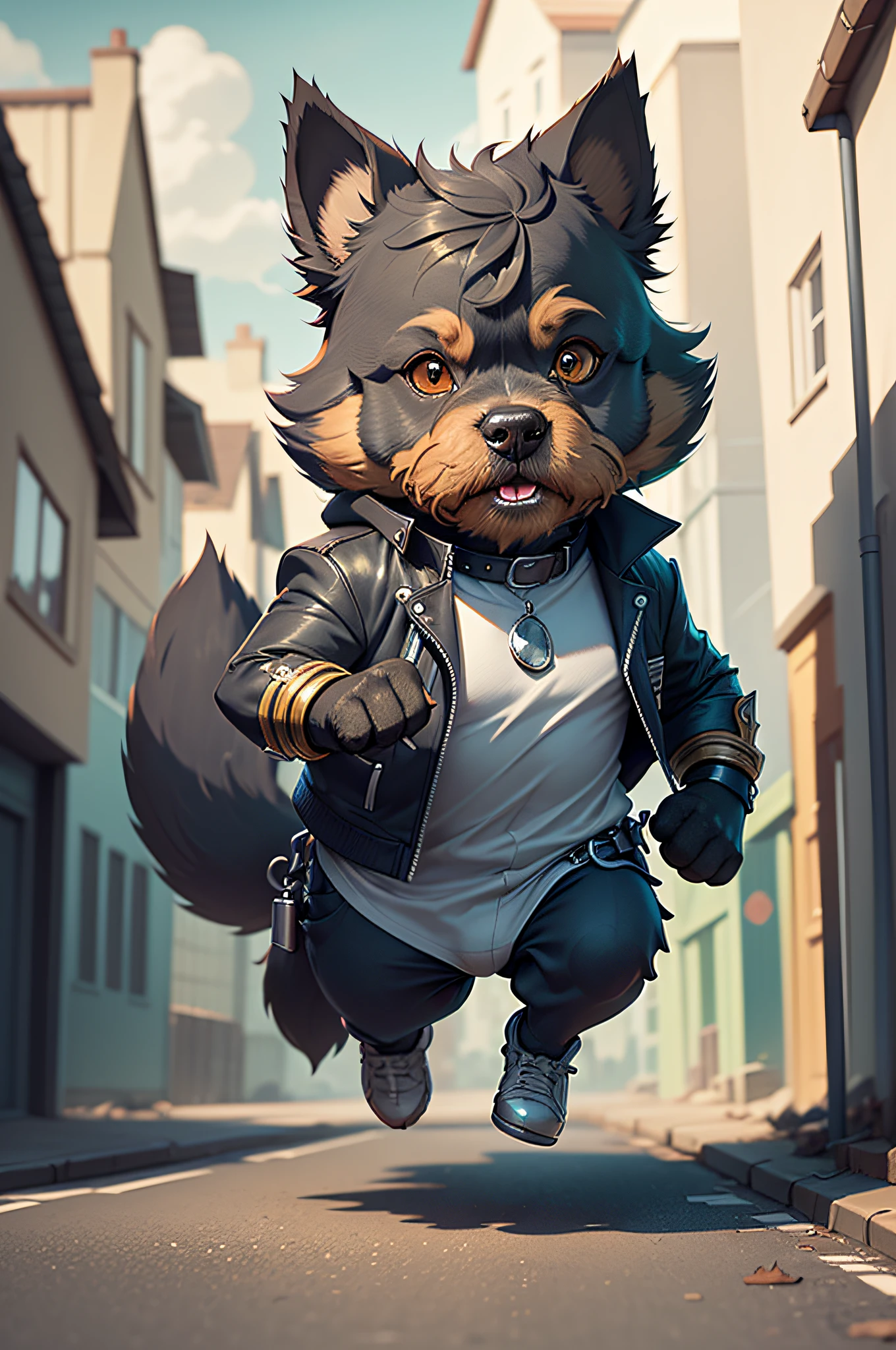 C4tt4stic,007 James Bond cartoon Scottish Terrier dog running through the city(Detailed appearance of the Scottish Terrier)