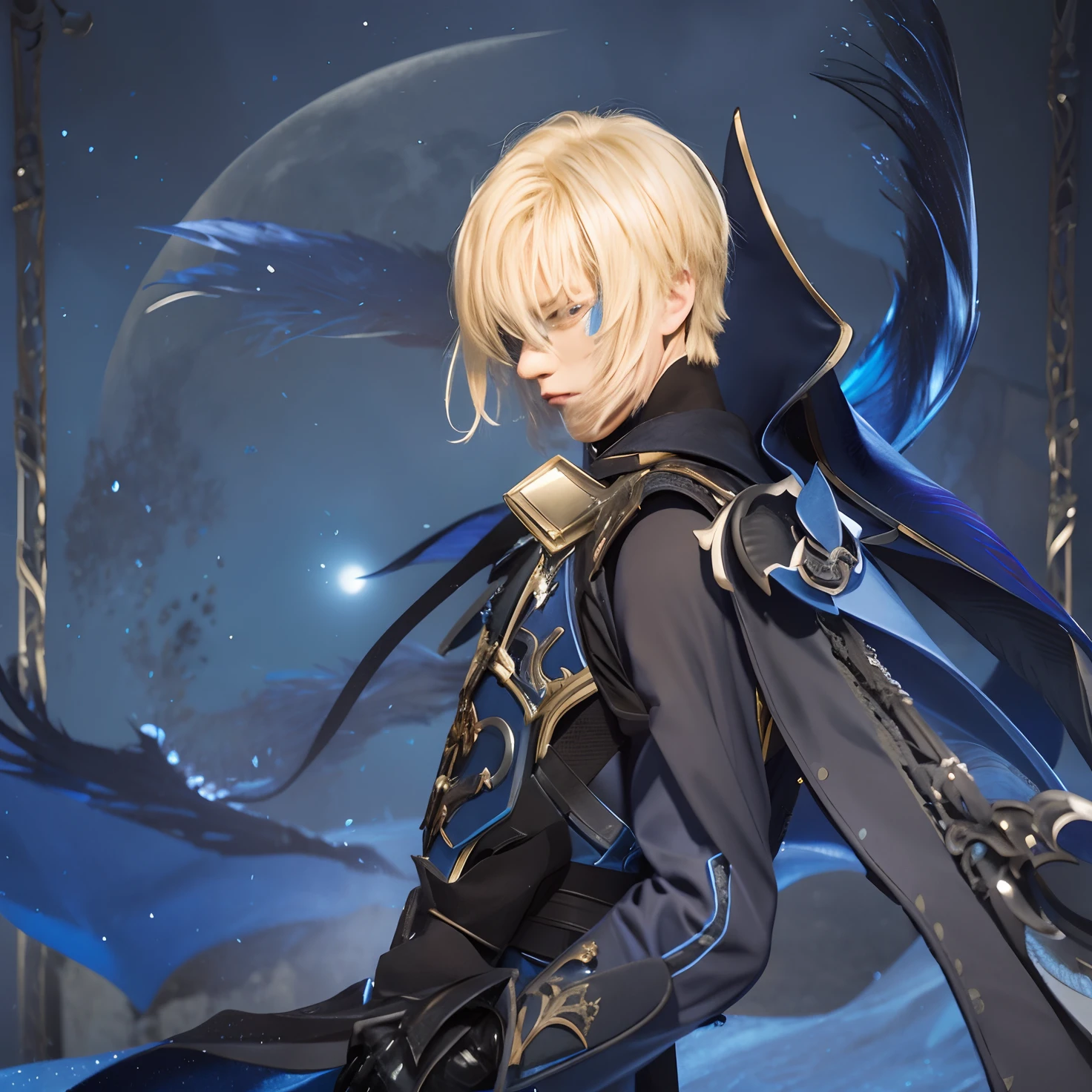 anime character with a sword and cape standing in front of a moon, genshin impact character, shadowverse style, genshin, tall anime guy with blue eyes, masterpiece, best quality,dainsleif\(genshin impact\), 1boy, male focus, solo, blonde hair, blue eyes, mask, gloves, looking at viewer, cape, closed mouth, black gloves, bangs, high collar, realistic.