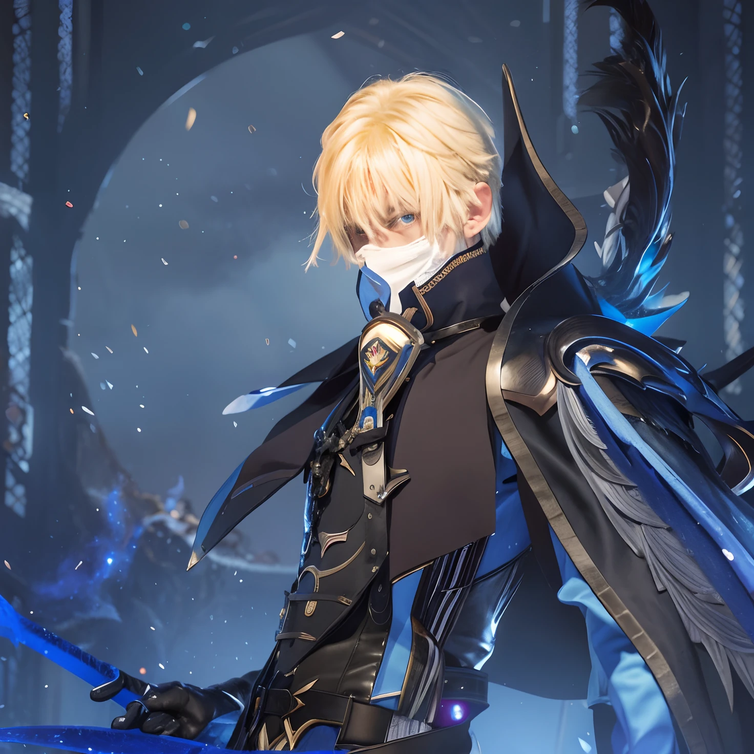anime character with a sword and cape standing in front of a moon, genshin impact character, shadowverse style, genshin, tall anime guy with blue eyes,  masterpiece, best quality,dainsleif\(genshin impact\), 1boy, male focus, solo, blonde hair, blue eyes, mask, gloves, looking at viewer, cape, closed mouth, black gloves, bangs, high collar, realistic.