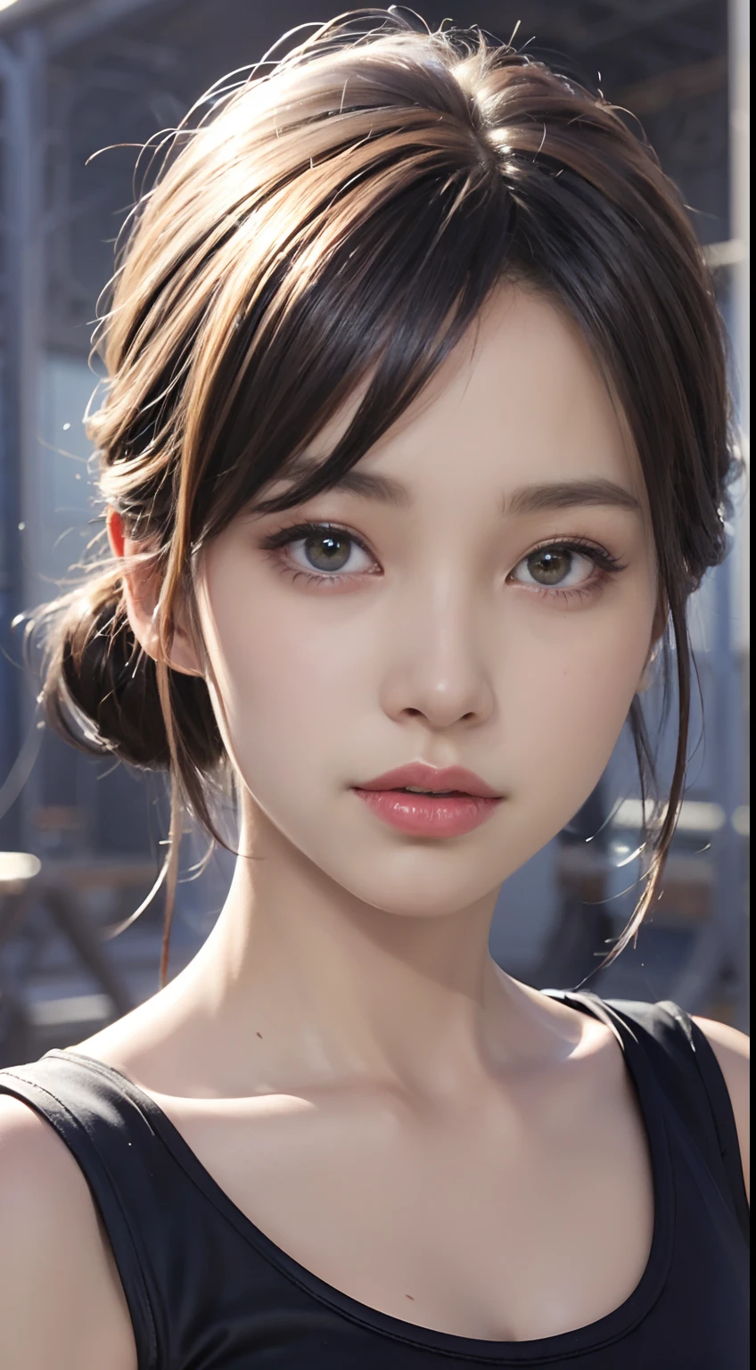 (logo, masterpiece, 8K, Tabletop, RAW Photos, wonderful, 最high quality, Photorealistic and very detailed CG composite 8k wallpaper, high quality, Very detailed, Narrative poem, Particle Effects, Dynamic Effects, Depth of the Boundary, Cinematic Light, Lens flare, Ray Tracing), short hair beautiful young woman, Hair tied back, high detail skin, very fine, fine skin texture, beautiful face, realistic eyes, beautifully detailed eyes, realistic skin, beautiful skin, surreal, smiling eyes, Hair and light eyes, Vibrant, Colorful lights and bokeh. The lighting casts a warm glow on her face and hair, Blue glow, Water surface reflection, Creates a dreamy and magical atmosphere, Big Breasts, Brown Hair, short hair, plump lower lip, pink blush on the cheeks , pink lips, brown tight no-shoulder knit sweater