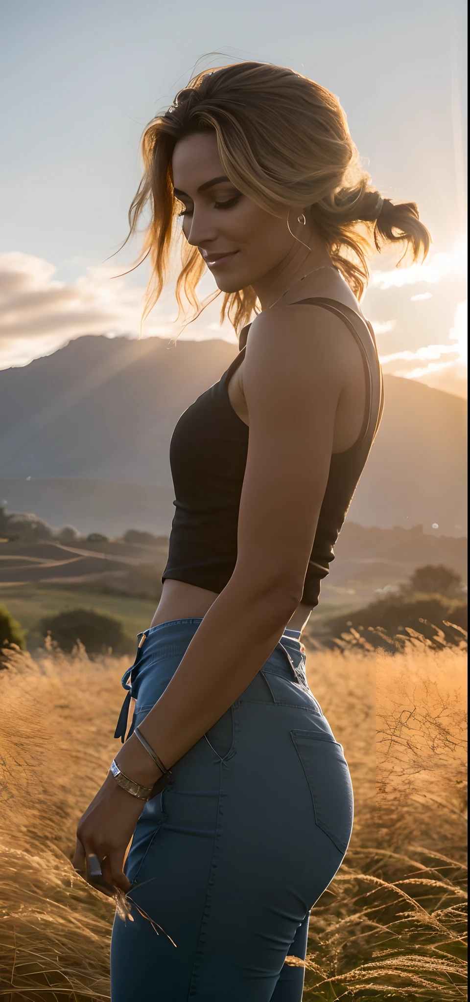 Arafed woman in a black top and blue pants standing in a field, cintura - tiro, retroiluminado, usando uma regata cropped preta, usando uma regata preta cropped, luz de fundo, low view, regata preta apertada e shorts, luz de fundo forte, Voltar - Iluminado, sol encharcado, retroiluminado, lindamente retroiluminado, com pano de fundo de luz natural