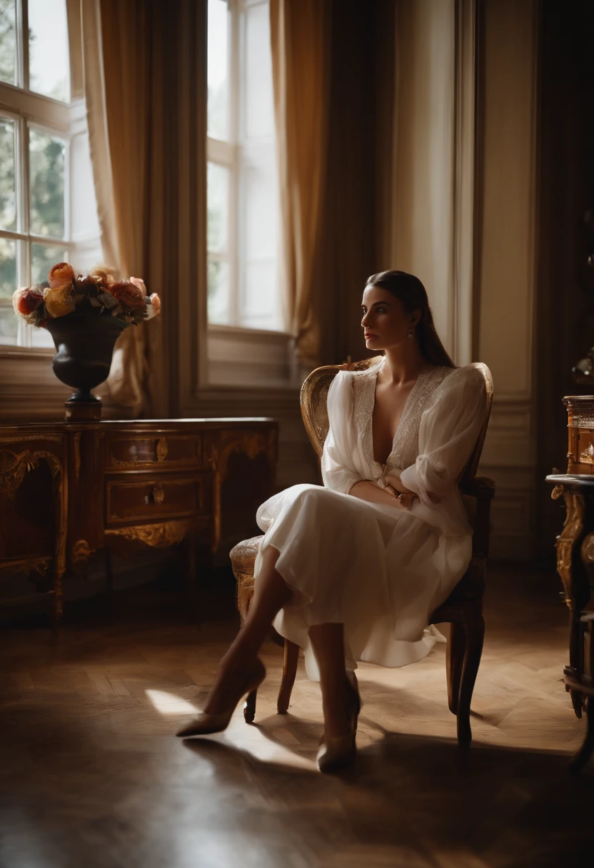araffe sitting in a chair in a room with a lot of shoes on the floor, sitting in french apartment, sitting in her room, paris hotel style, sitting in bedroom, sitting across the room, by Emma Andijewska, in her room, sitting at his louis xiv desk, by Lucette Barker, summer morning, sitting on the bed