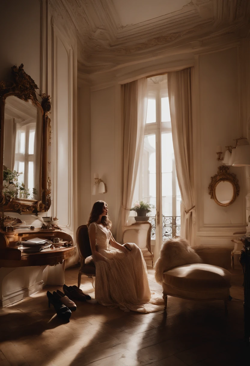 araffe sitting in a chair in a room with a lot of shoes on the floor, sitting in french apartment, sitting in her room, paris hotel style, sitting in bedroom, sitting across the room, by Emma Andijewska, in her room, sitting at his louis xiv desk, by Lucette Barker, summer morning, sitting on the bed