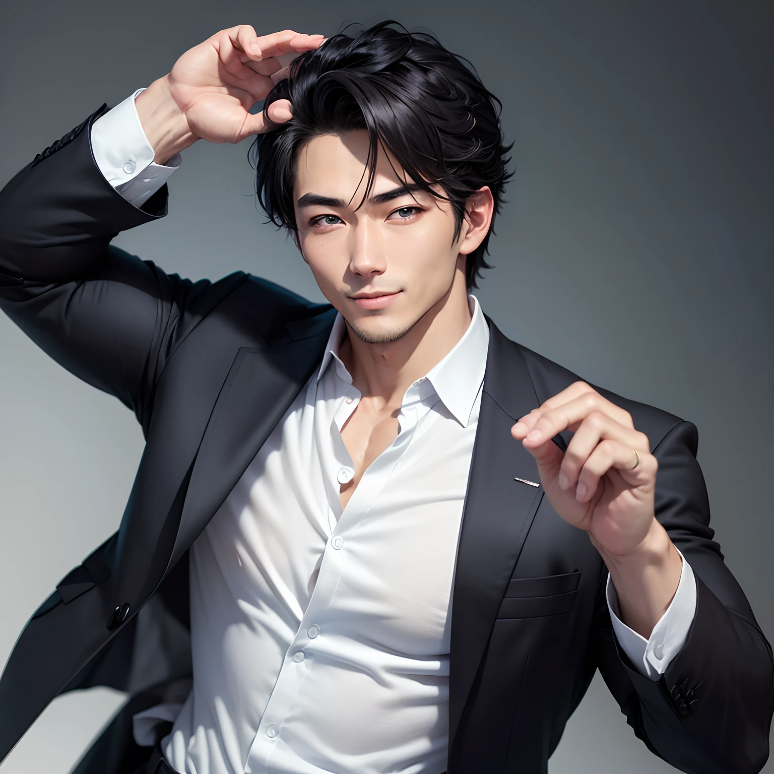 (Best Quality, 8k, 32k, Masterpiece, UHD: 1.2), 1 boy, beautiful Japanese man, narrow waist, gray suit, open jacket, office man, suit, pants, from the back, office, desk, (protruding gear: 15.2), detailed face, short hair, man scantily dressed