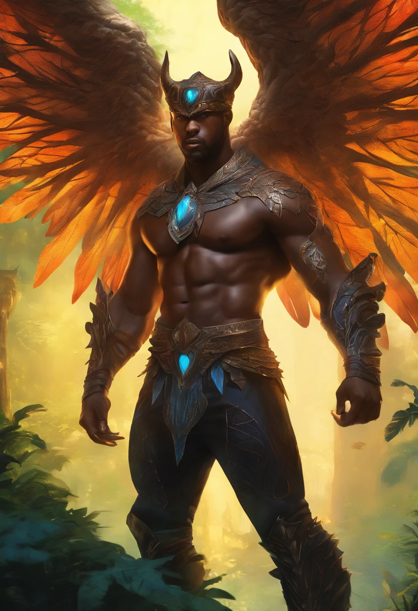 Black Demon Beautiful Male Black Man with Blue and Orange Details, Large Wings, Forest in the Background, Vibrant Colors, Full Body, Detailed Face, Detailed Hands, Detailed Legs, Detailed Fingers, Detailed Hair, Detailed Eyes, Detailed Skin, Lush Vegetation Blurred Background, Vibrant Colors, Lush Light, Soft Light, Sunset Light, Smooth Light, Symmetrical, Full Body, Reflections, HDR Dynamic Lighting, 8K Resolution,  cinematic film, smooth, sharp focus, realistic, strobe light beams, ((blurred background)):1.7, (((depth of field)) ):1.8, cinestill 800t 35mm, high quality, heavy grain, high detail, cinematic composition, dramatic light, anamorphic, ultra wide lens, hyperrealistic