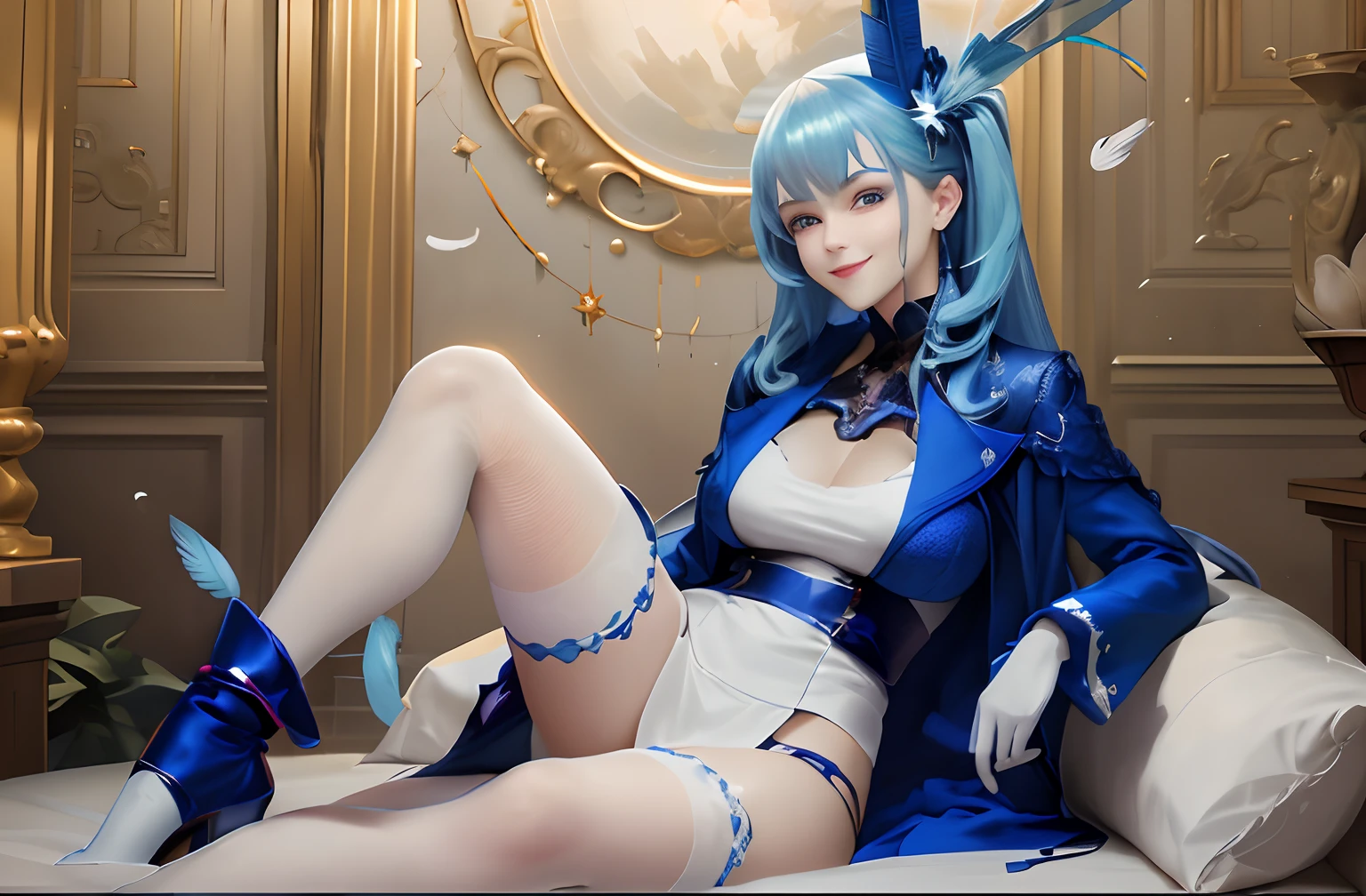 adding a blue hat on the head, Sexy Lady , beautiful face, nice smiling,