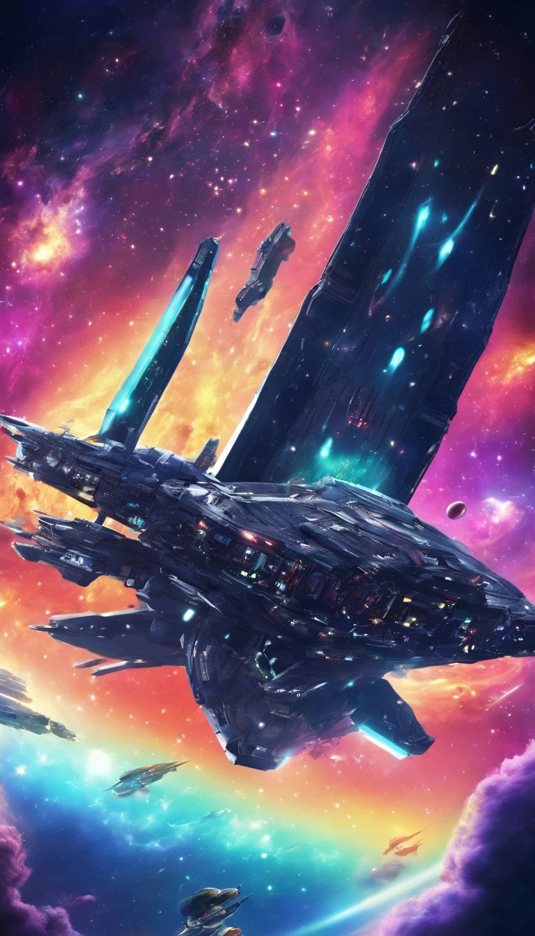 (Best quality,Ultra-detailed,Realistic:1.37),A space fighter shuttles through the stars,Countless auroras and missiles flew by,Countless fragments of steel float in space,Colorful starry sky