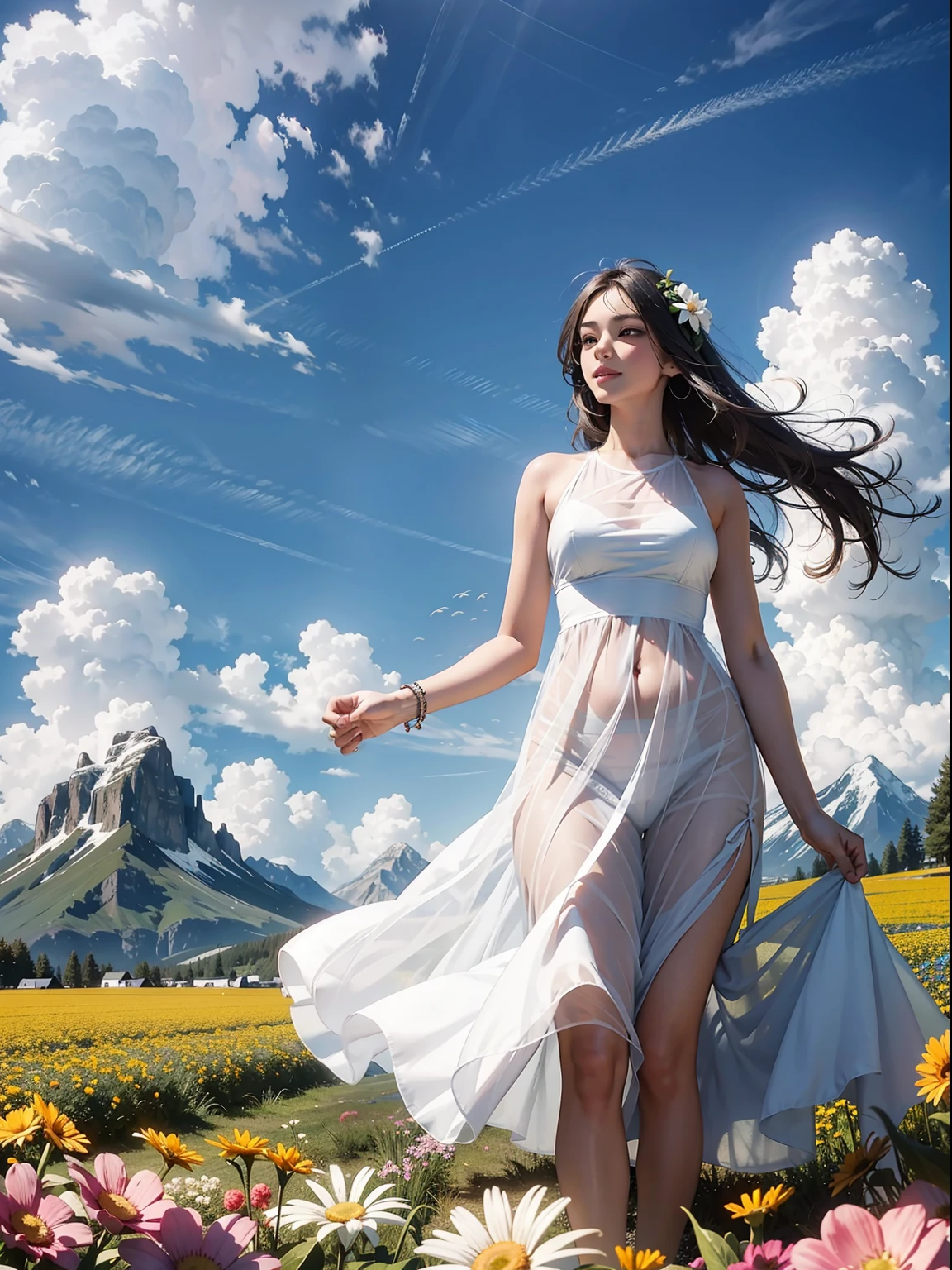 1girll,dynamic angle,pianos,Clouds and mountains,(flower field:1.4)In the foreground,white dresses,Light tracing,(Floating colorful wind:1)
(realisticlying:1.4),offcial art,Unity 8k壁纸,ultra - detailed,Beautiful and beautiful,tmasterpiece,best qualityer,Glowing skin,cinmatic lighting,Light smile