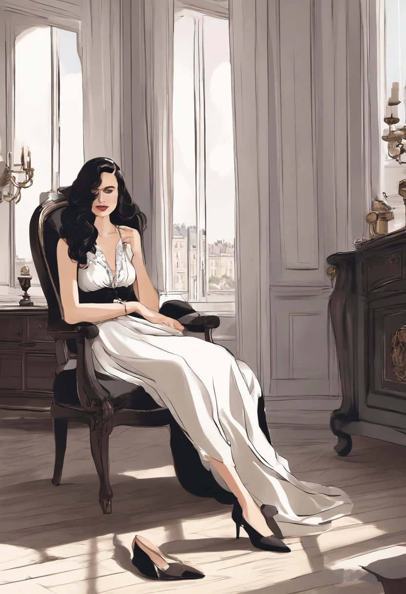 araffe sitting in a chair in a room with a lot of shoes on the floor, black hair, blck dress, sitting in french apartment, sitting in her room, paris hotel style, sitting in bedroom, sitting across the room, by Emma Andijewska, in her room, sitting at his louis xiv desk, by Lucette Barker, summer morning, sitting on the bed