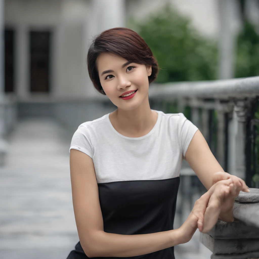 (Photo: 1.3) af (Real: 1.3), East Asian woman, soft light, clear face, front, ((white T-shirt)), cheerful, warm light, ((gray white gradient background)), smile, ( (Single color background)). ((grey wall background)) avatar, (short hair), beautiful, young,, short hair, ((close-up))