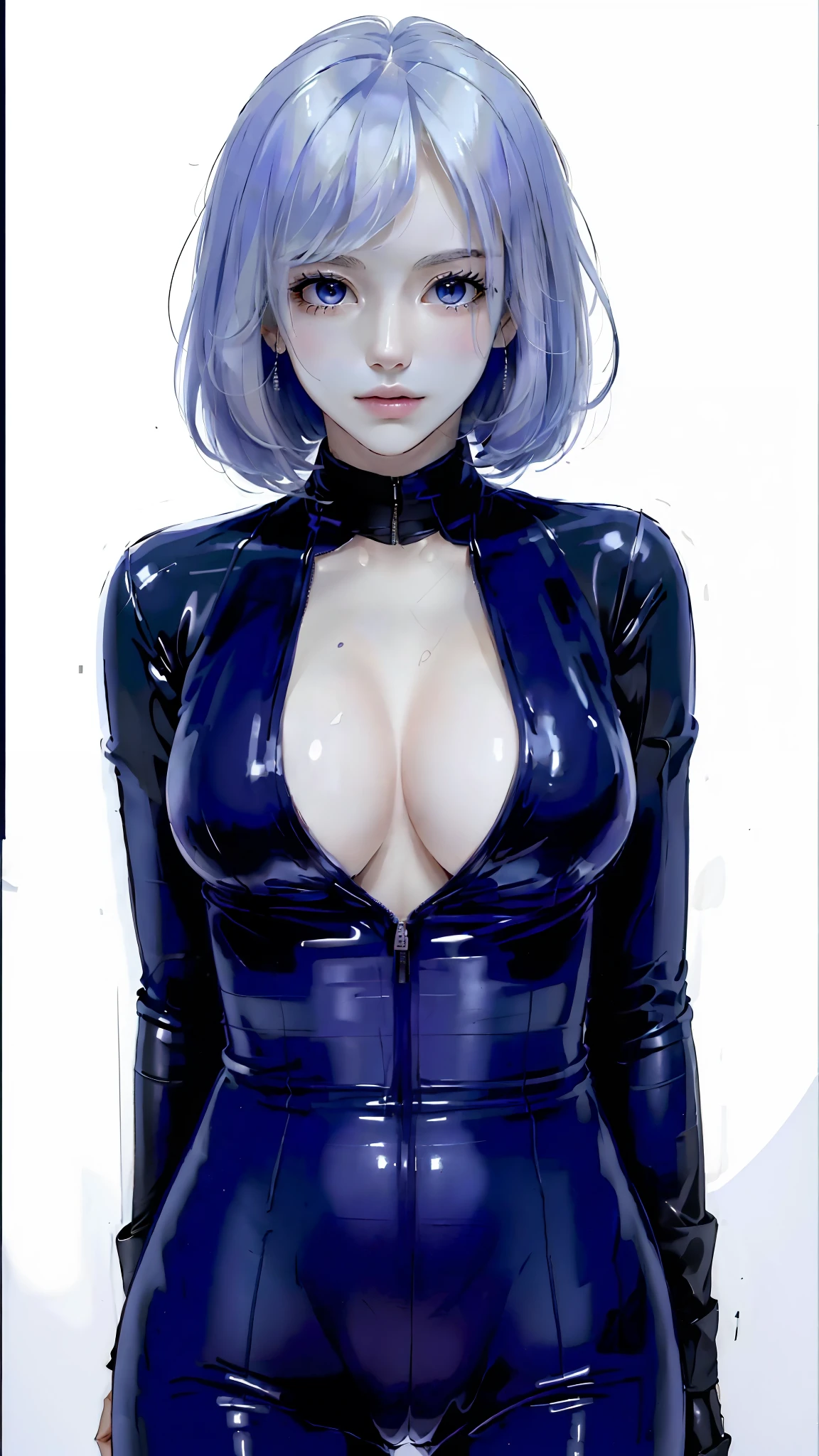 ((((masterpiece, best quality, high resolution)))), latex bikesuit, (1girl:1.5), (large breasts: 1.2), solo, cleavage, white hair, bob cut, purple eyes, looking at viewer,  white background, simple background, arms behind back, cowboy shot, white hair, bob cut, full-length zipper, open clothes, open chest