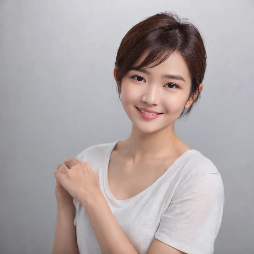 (Photo: 1.3) af (Real: 1.3), East Asian woman, soft light, clear face, front, ((white T-shirt)), cheerful, warm light, ((gray white gradient background)), smile, ( (Single color background)). ((grey wall background)) avatar, (short hair), beautiful, young,, short hair, ((close-up))